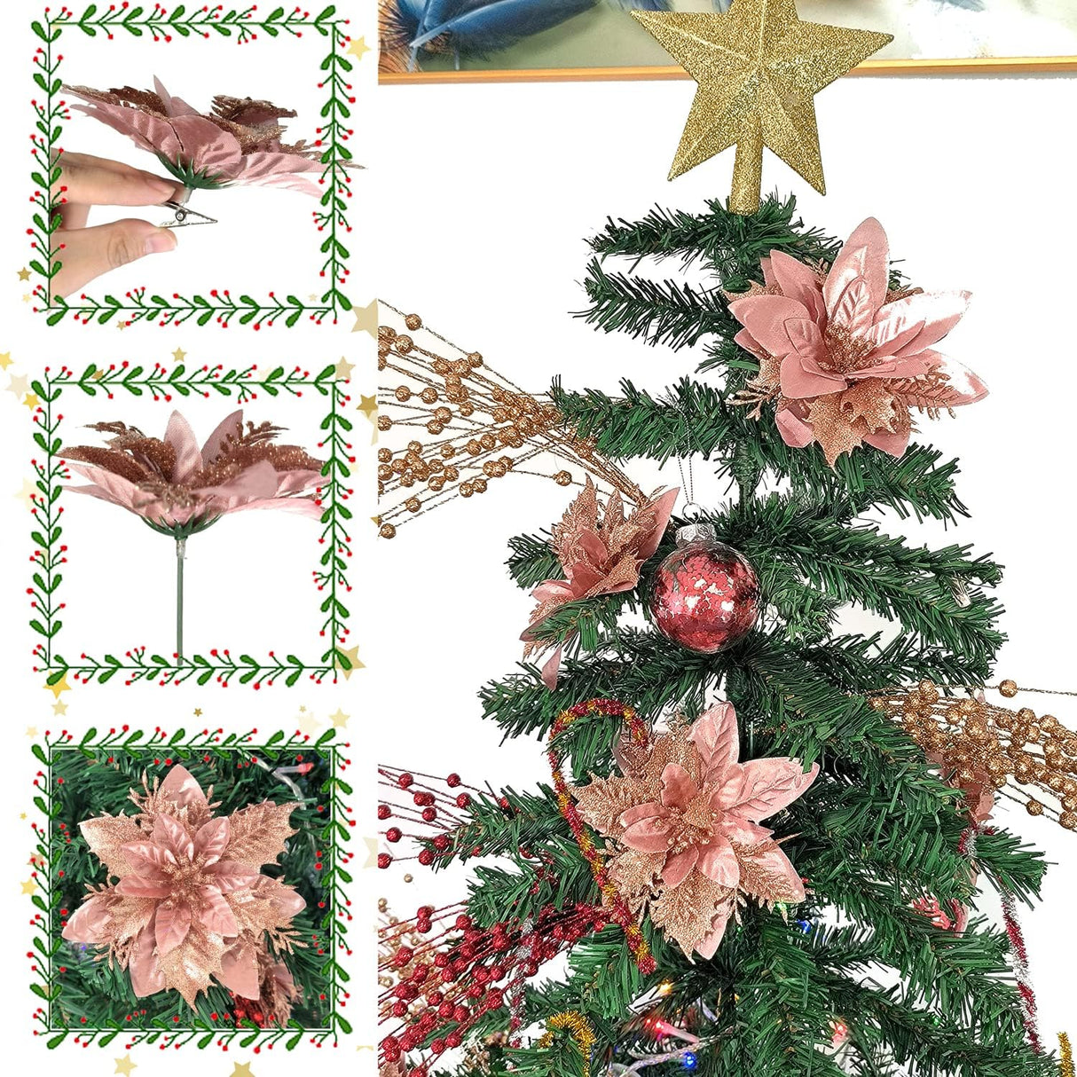 15 Piezas Flores Poinsettia Artificiales con Clips y Tallos