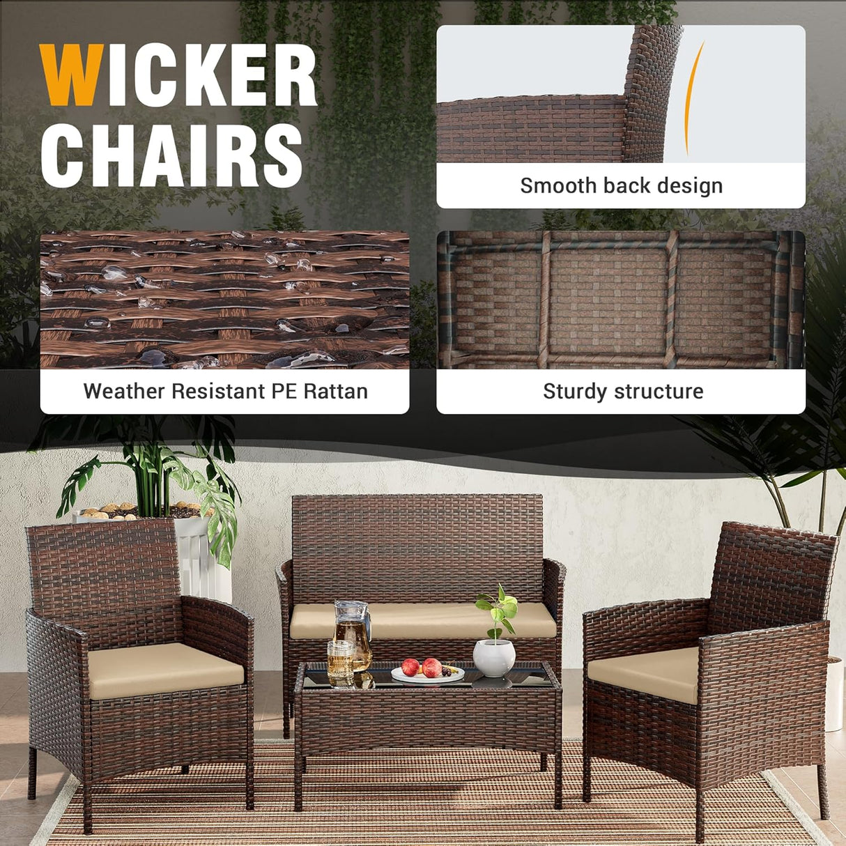 UDPATIO Muebles de patio, 4 piezas, sillas de mimbre para exteriores, juego de conversación de balcón, muebles de porche, sofá biplaza seccional con cojines y mesa para patio, piscina, jardín