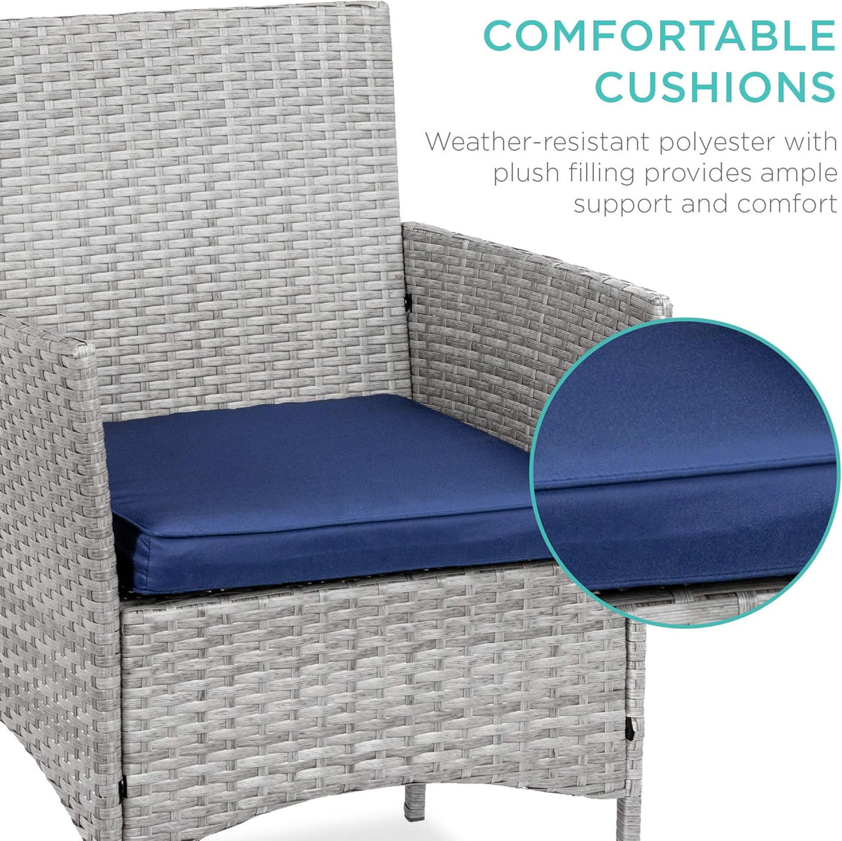 Best Choice Products Juego de 3 piezas de mimbre para exteriores, muebles de patio que ahorran espacio para patio, jardín con 2 sillas, 2 cojines, mesa de almacenamiento lateral, gris/azul marino