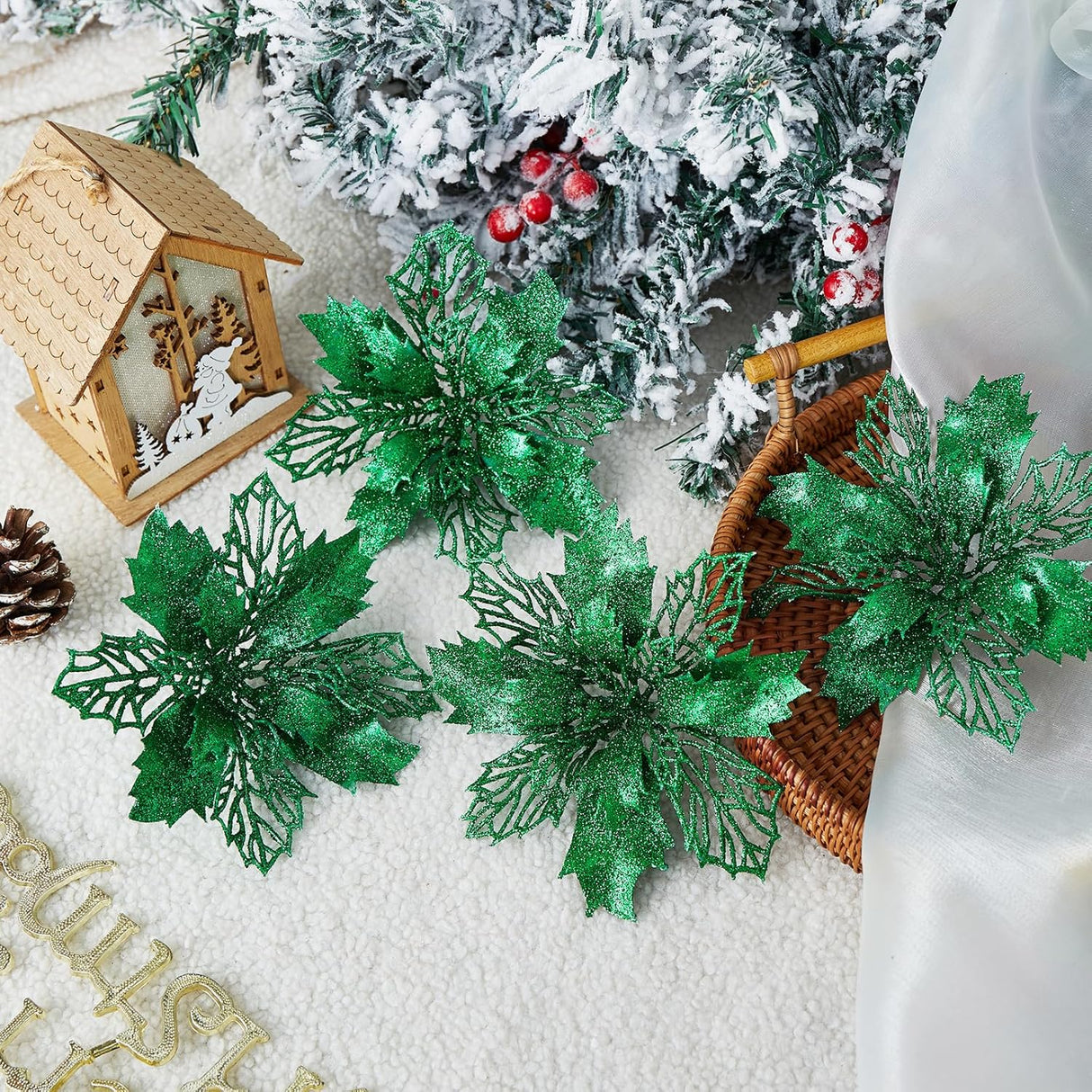 Flores Poinsettia Artificial Wironlst 16 Pcs para Decoración