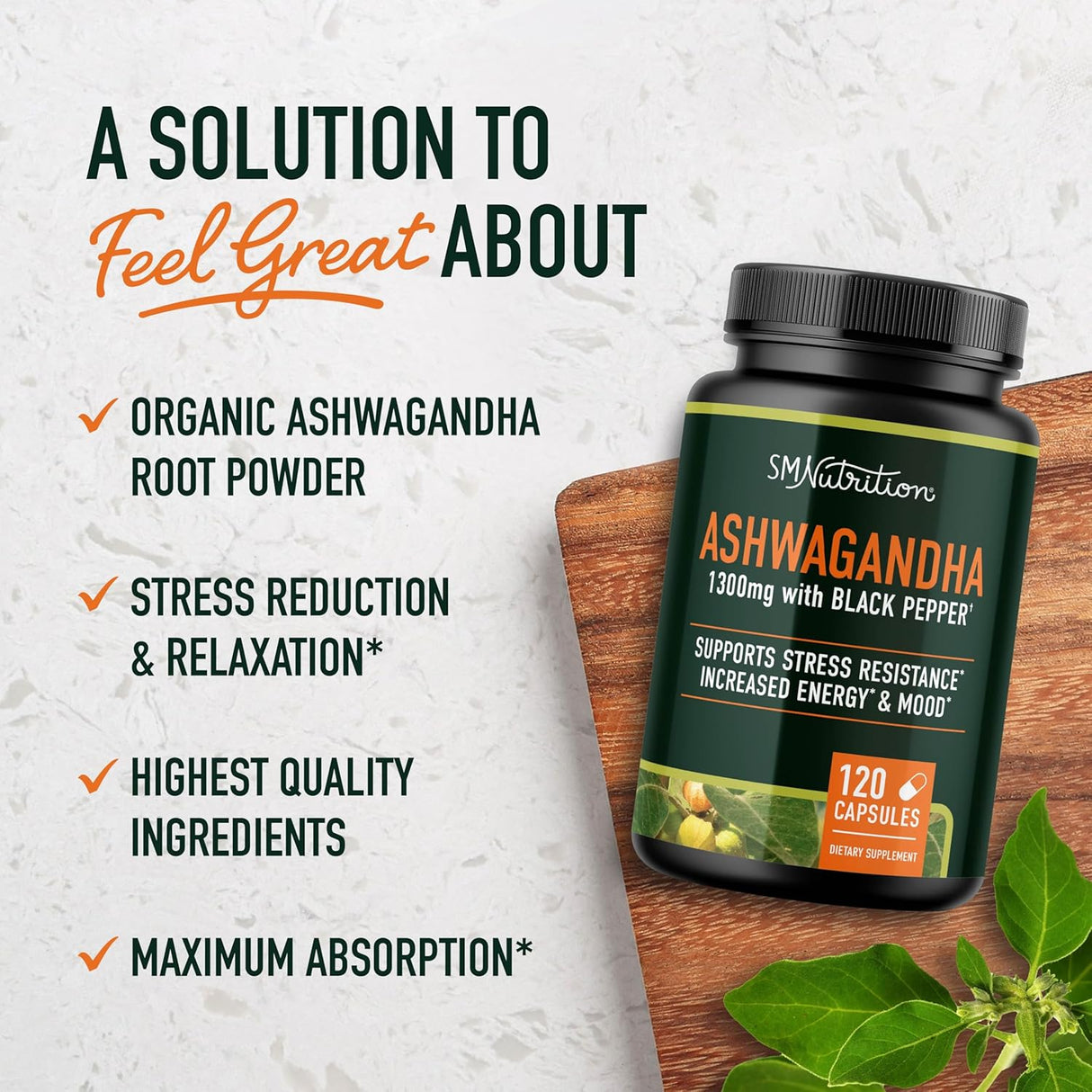 Suplemento Ashwagandha 1300mg, Adaptógeno, 120 cápsulas