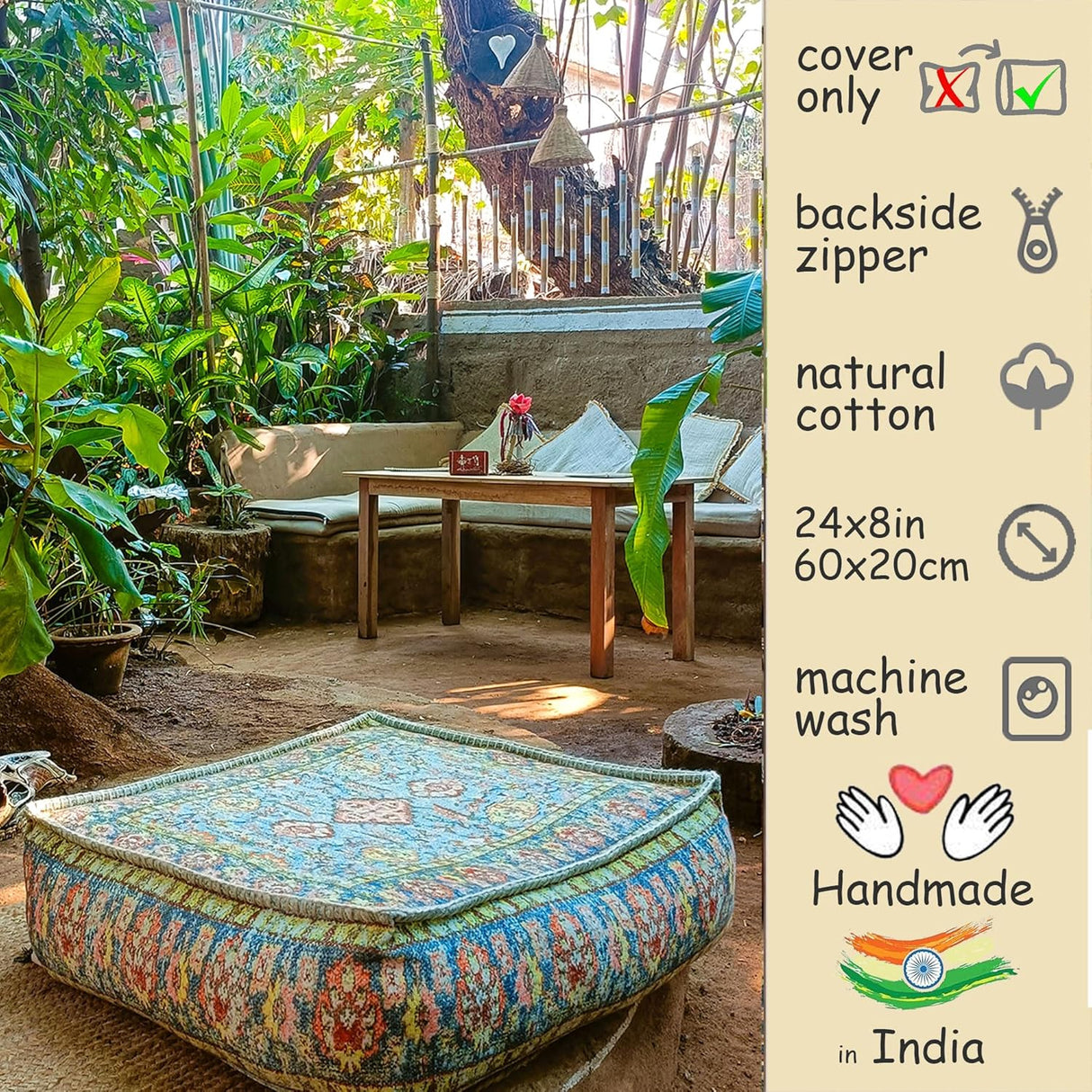 Mandala Life ART Funda de cojín de suelo con decoración bohemia verde azulado, 24 x 8 pulgadas, puf cuadrado marroquí, otomano de algodón estampado