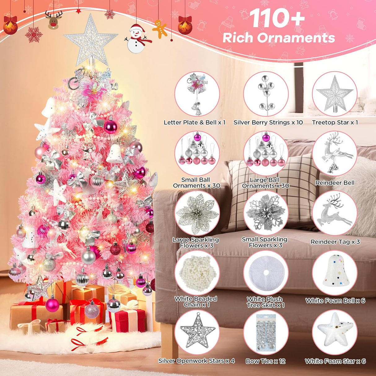 Árbol de Navidad 3FT, árbol artificial preiluminado 36 con 111 adornos