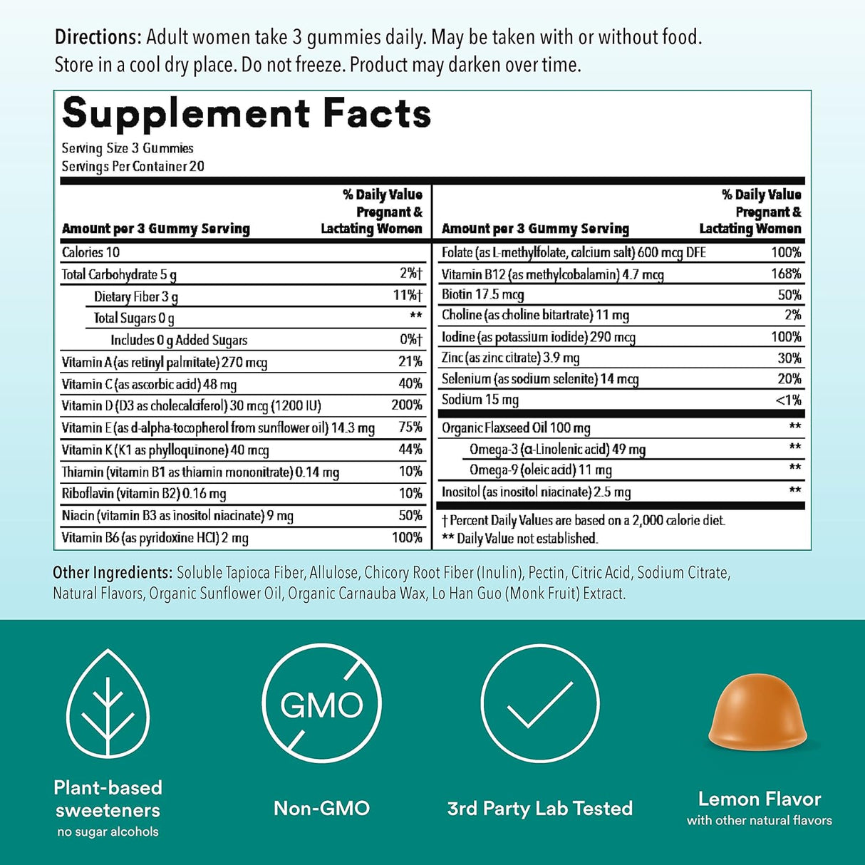 Suplemento Vitaminas prenatales gomitas sin azúcar C D3 zinc