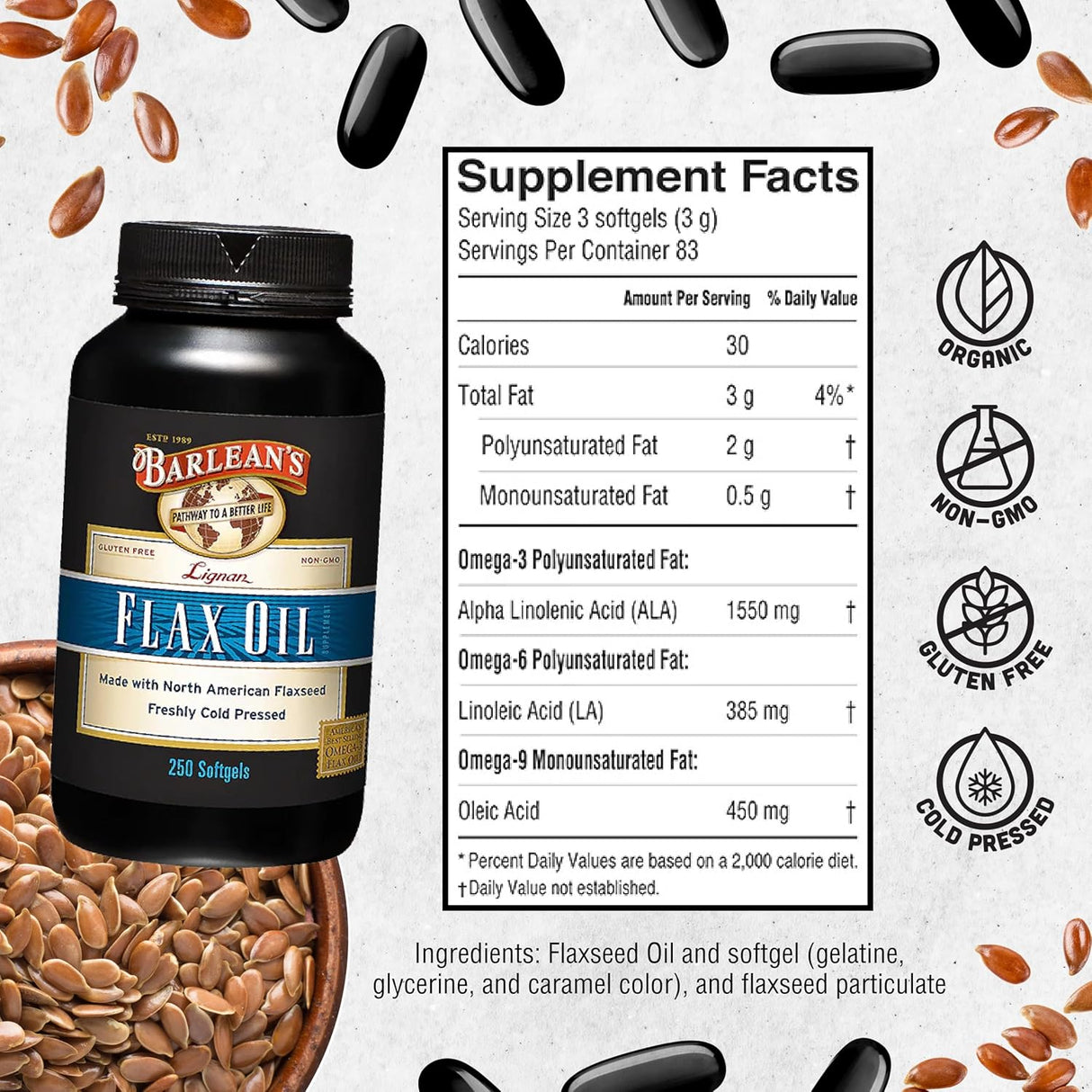 Suplemento de Aceite de Linaza Barlean's, 1550 mg ALA, 250 ct