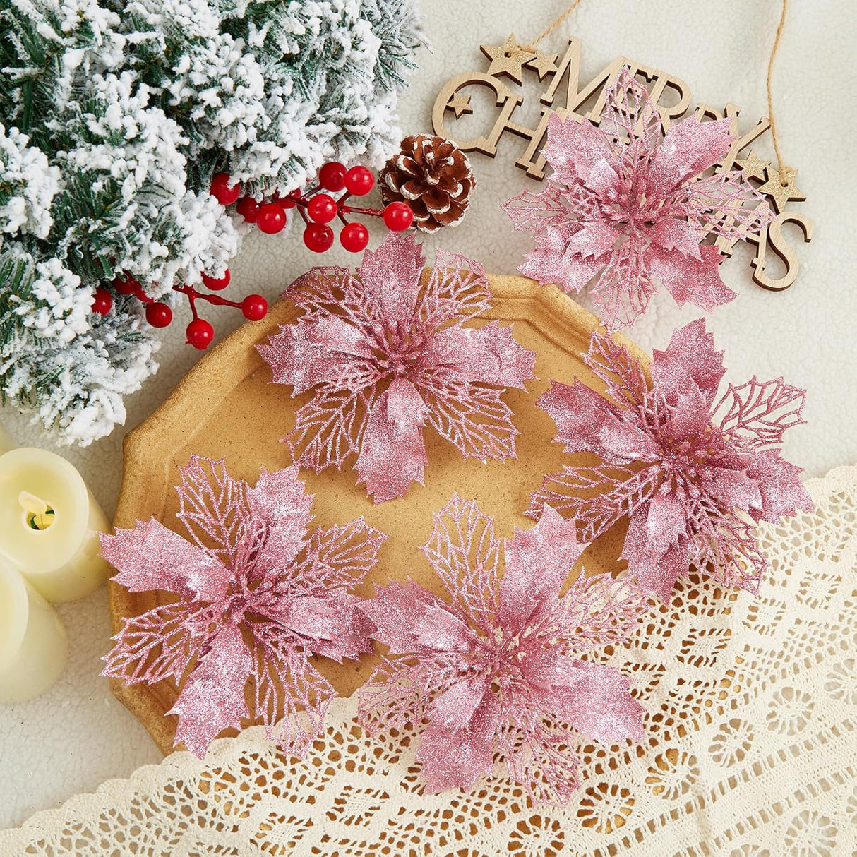 Flores Artificiales Poinsettia Wironlst 16 Pcs - Decoración Navideña