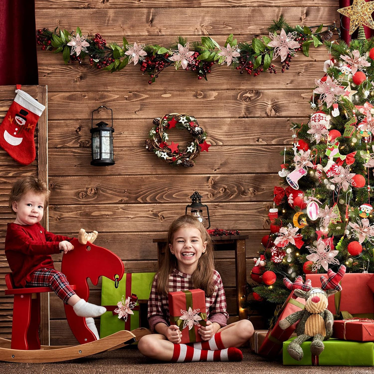 Flores Artificiales Poinsettia Boao 24 Piezas Decoración Navidad