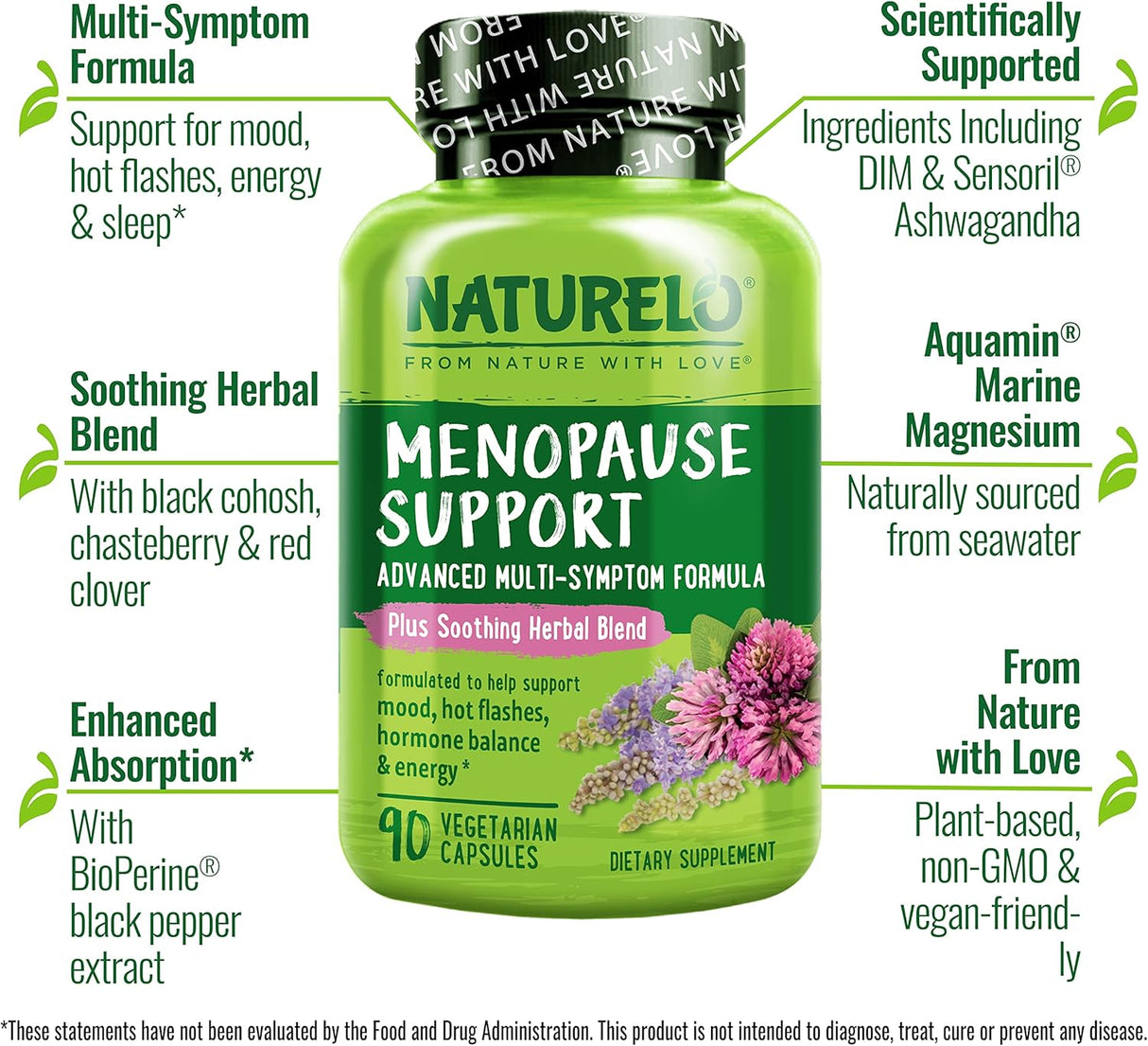 Suplemento para menopausia NATURELO con hierbas, 90 cápsulas