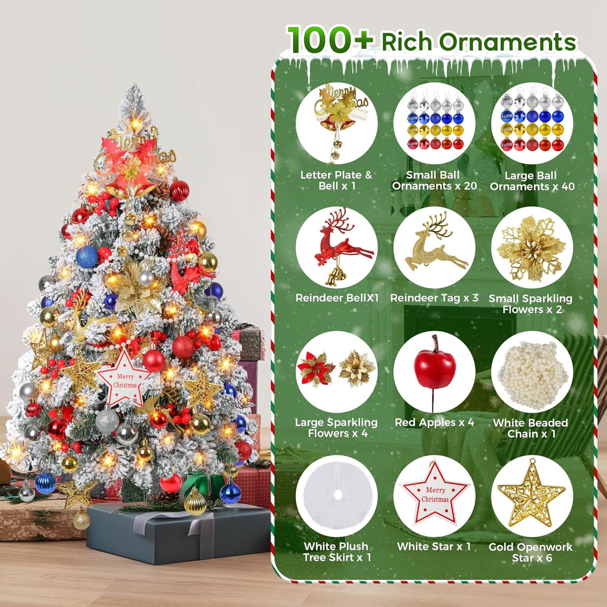 Árbol de Navidad 3FT Mini, 200 Ramas, 80 Luces LED, 108 Adornos