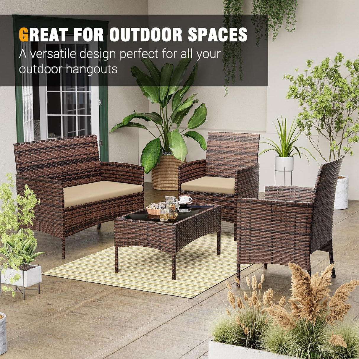 UDPATIO Muebles de patio, 4 piezas, sillas de mimbre para exteriores, juego de conversación de balcón, muebles de porche, sofá biplaza seccional con cojines y mesa para patio, piscina, jardín