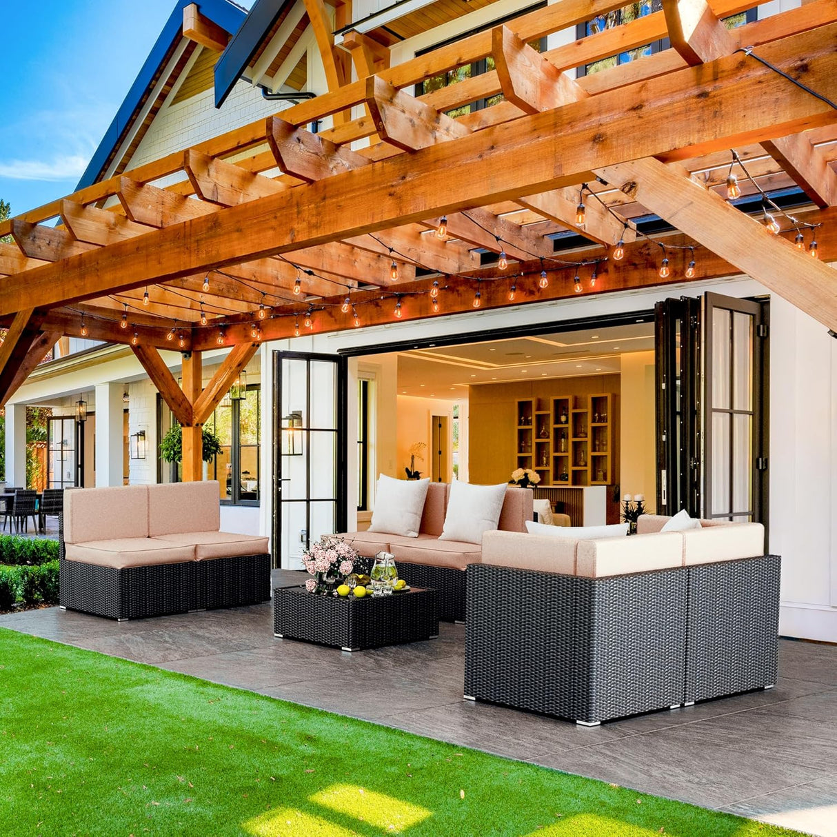 Pamapic - Juego sala seccionable en 7 piezas de mimbre para patio, conjunto de conversación al aire libre con mesa de centro y cojines lavables…