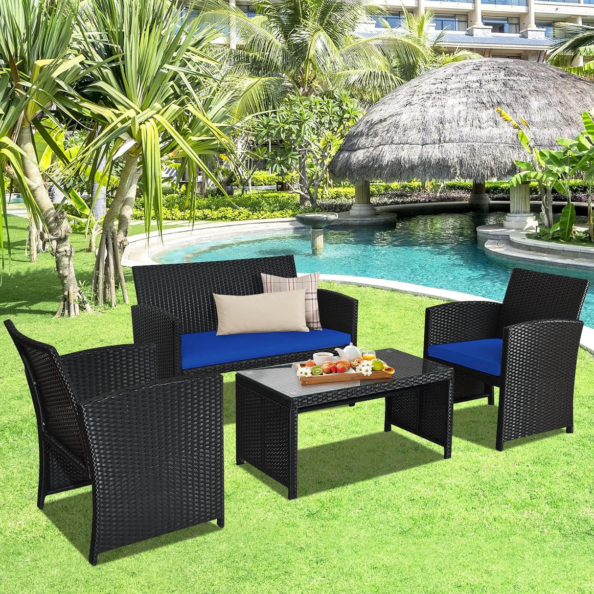 Goplus Juego de muebles de ratán para patio, 4 piezas, sofá y mesa de mimbre para exteriores con cojines suaves y mesa de centro de vidrio templado para balcón, jardín, patio trasero (azul)