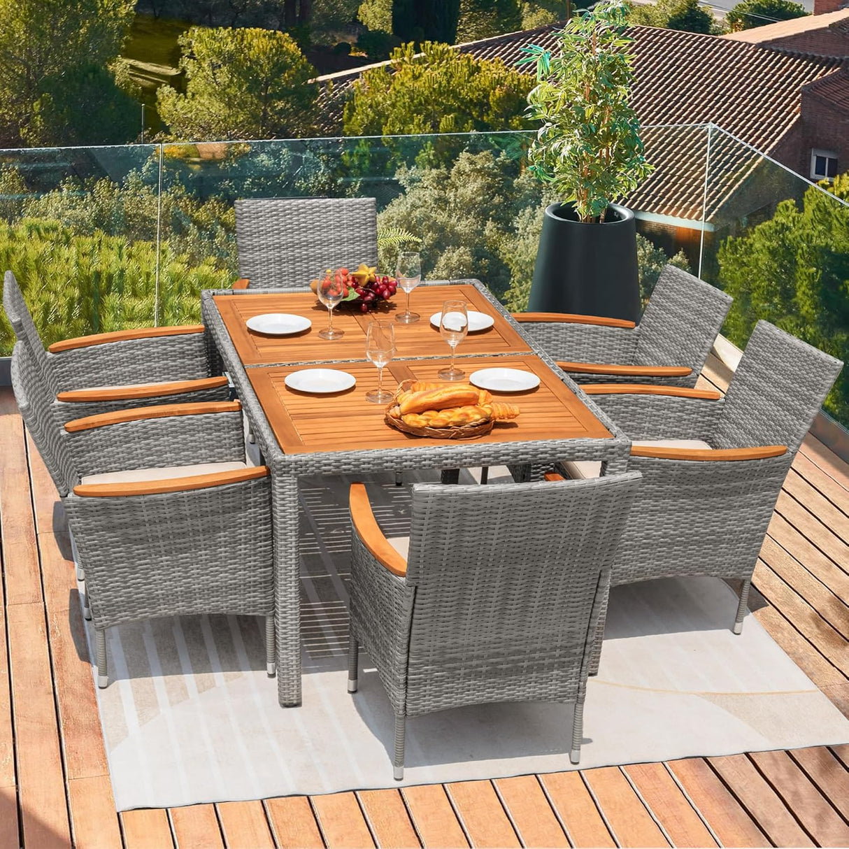 Flamaker Juego de comedor de patio de 7 piezas, mesa y sillas de madera de acacia para exteriores con cojines suaves, muebles de patio de mimbre para terraza, patio trasero, jardín (gris)