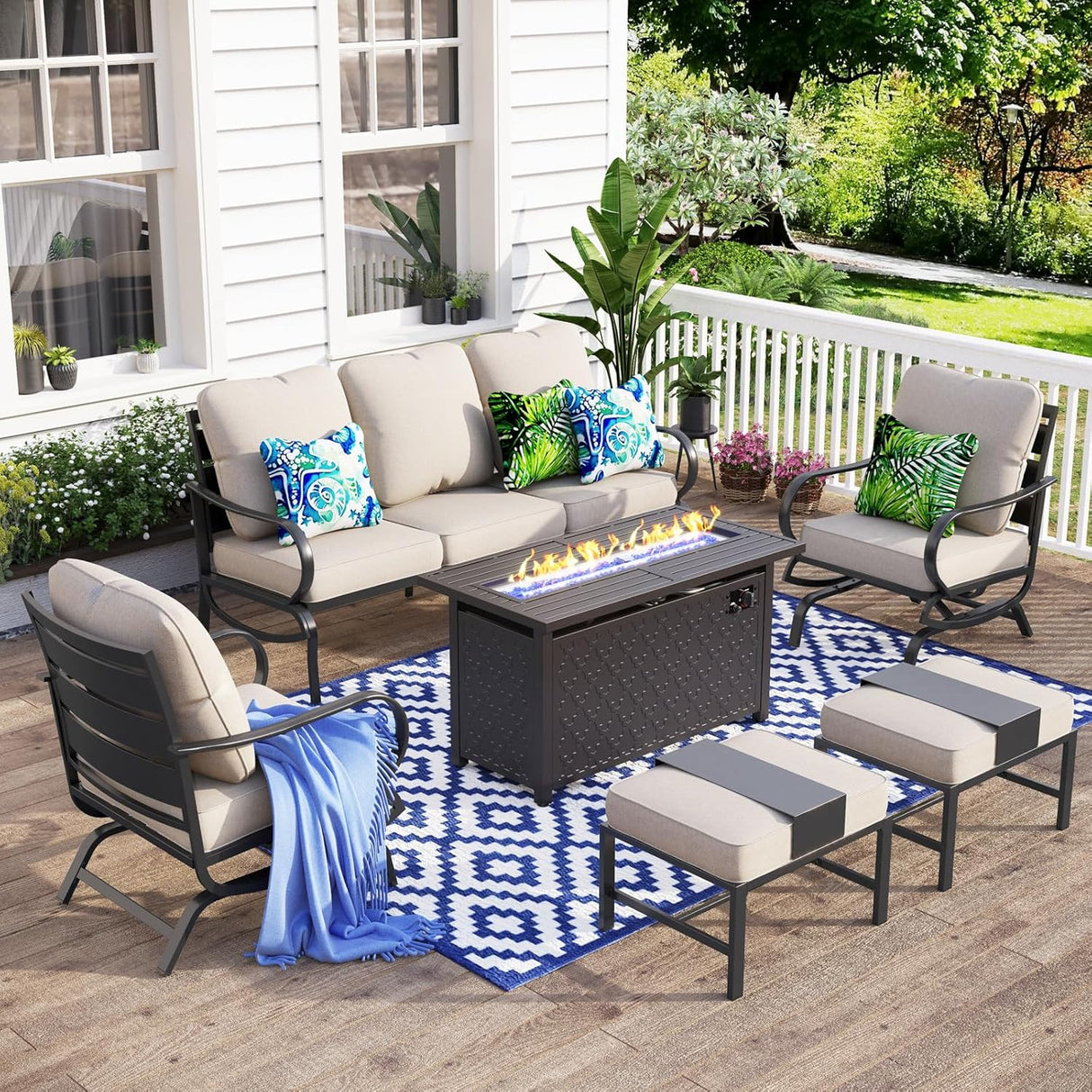 MFSTUDIO Juego de muebles de patio de 6 piezas con mesa de fogata de gas de 45 pulgadas (hasta 7 asientos), sofás de conversación de metal para exteriores con 1 sofá de 3 asientos, 2 sillas mecedoras y 2 otomanas