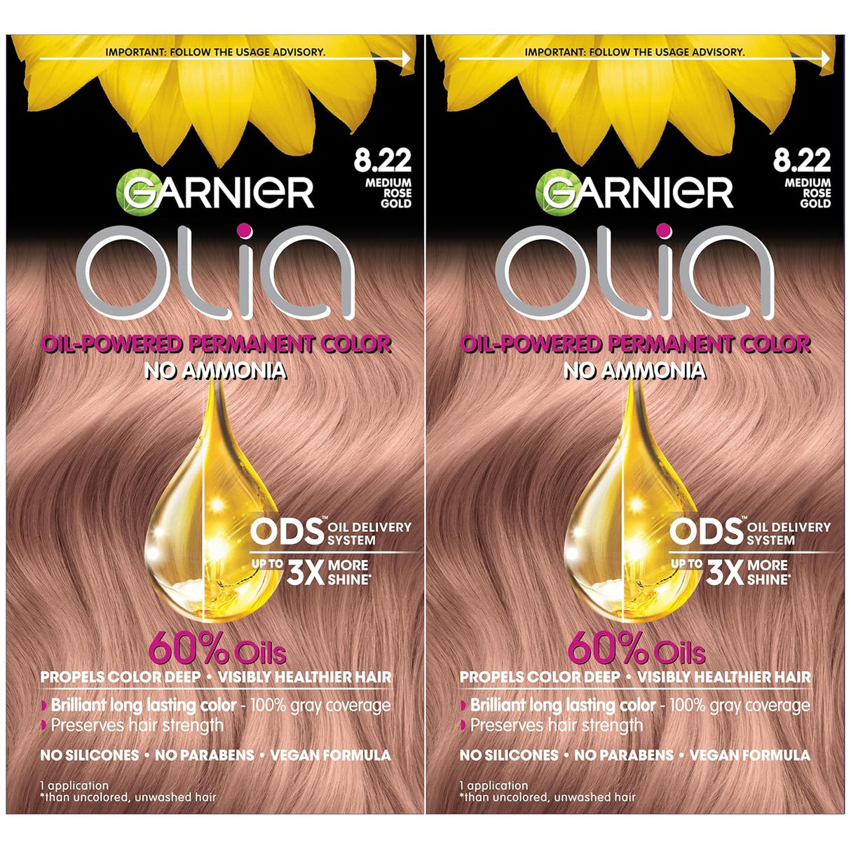 sin amoníaco,oro rosa medio, 2 unidades, tinte Garnier