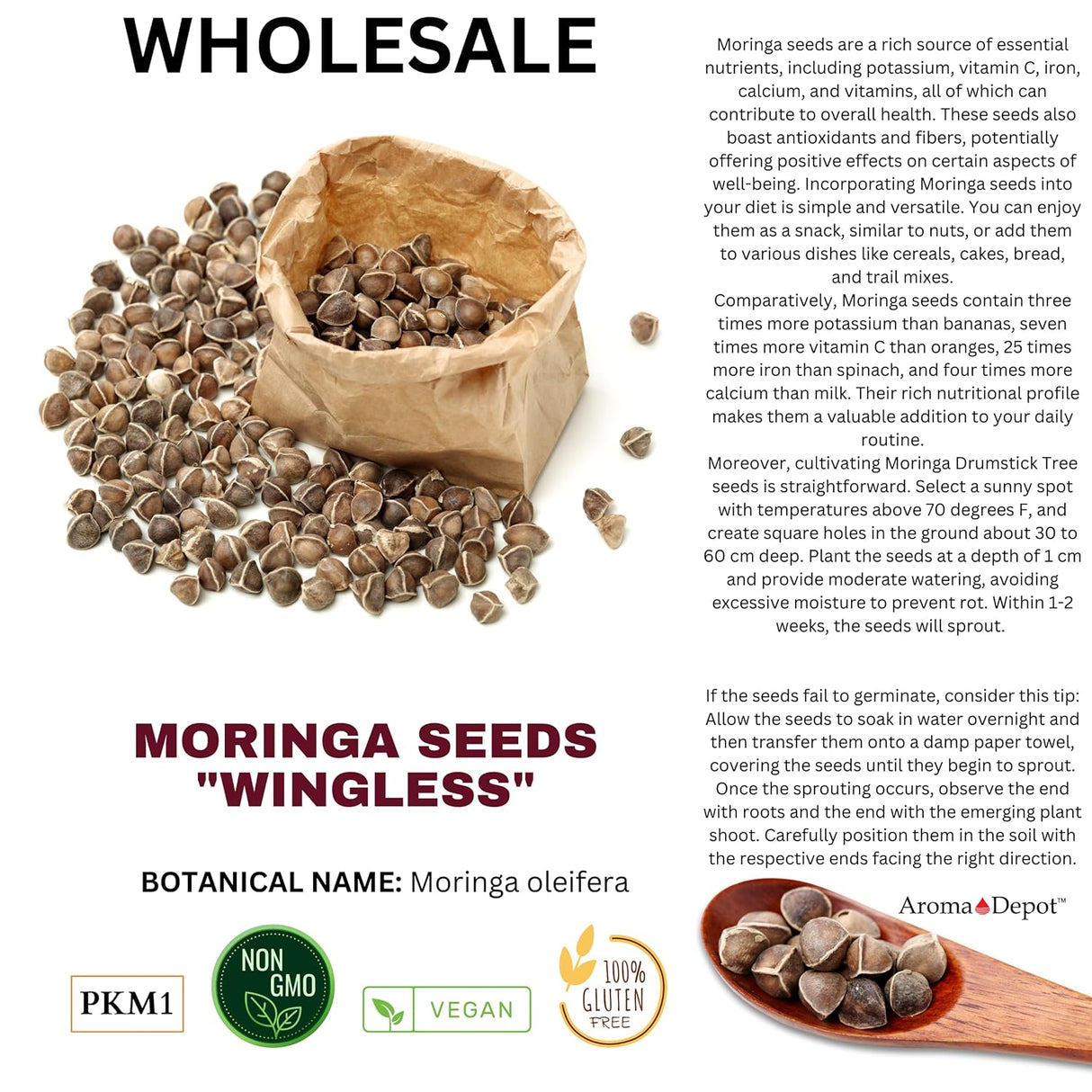 Semillas de Moringa 1 lb. WINGLESS, 100% Natural, PKM1