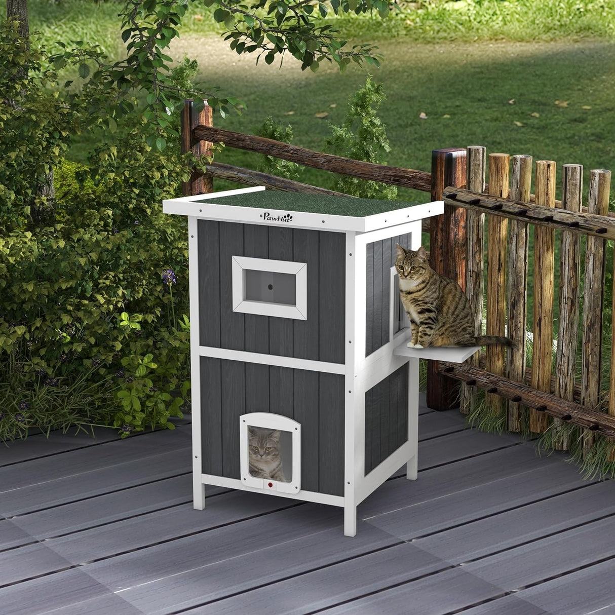 Casa para gatos PawHut, refugio exterior, 2 niveles, resistente