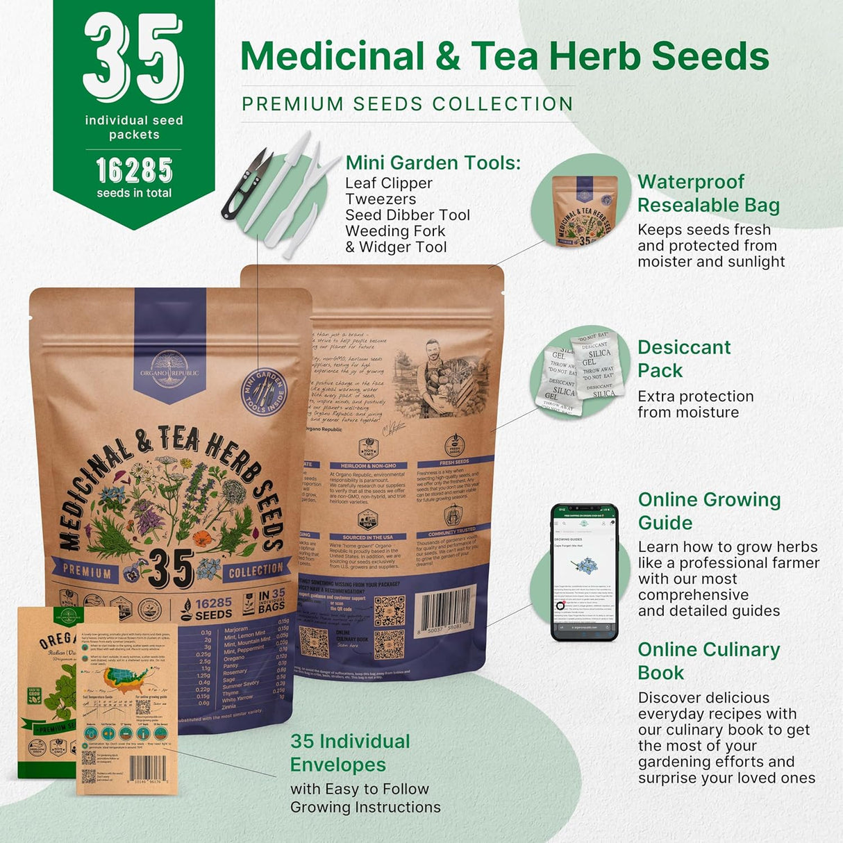 Pack de 35 Semillas de Hierbas Medicinales y Té - No GMO