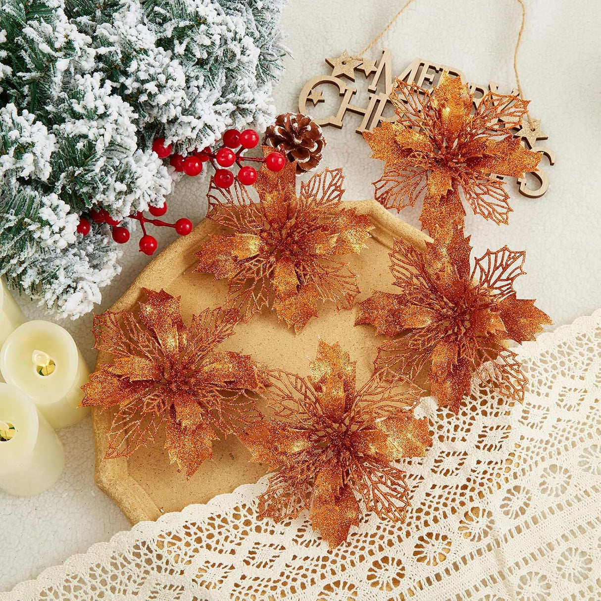 Flores Poinsettia Artificial 16 Pcs - Wironlst Decoraciones Navidad