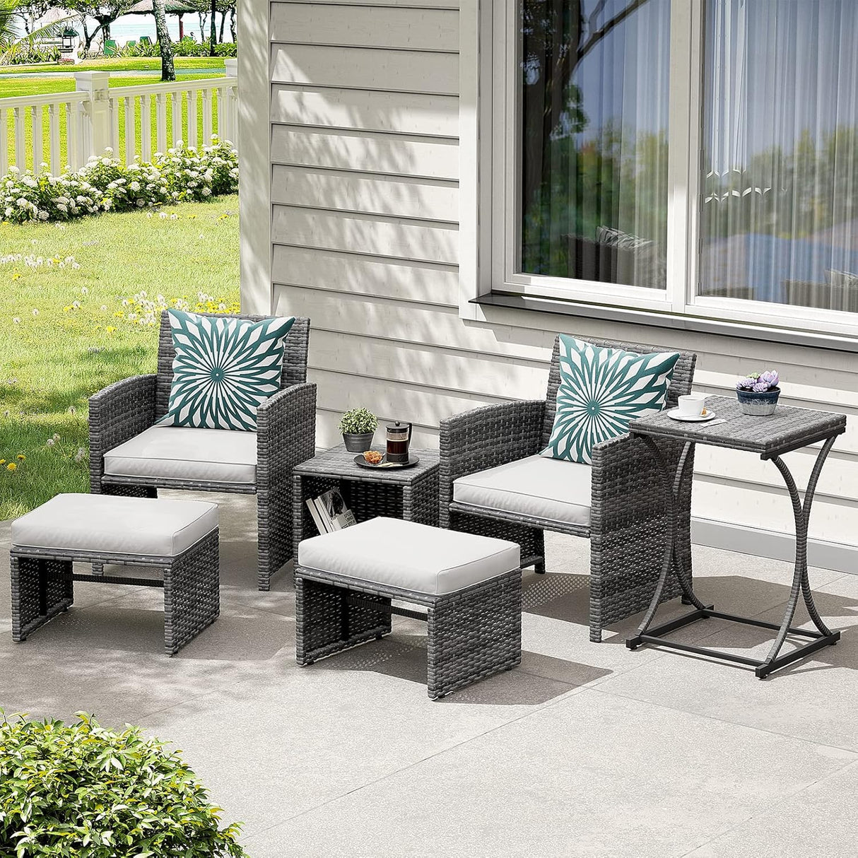 OC Orange-Casual Juego de muebles de patio de 6 piezas con otomana, juego de silla y mesa de mimbre gris para exteriores, muebles de balcón para apartamentos, color blanco