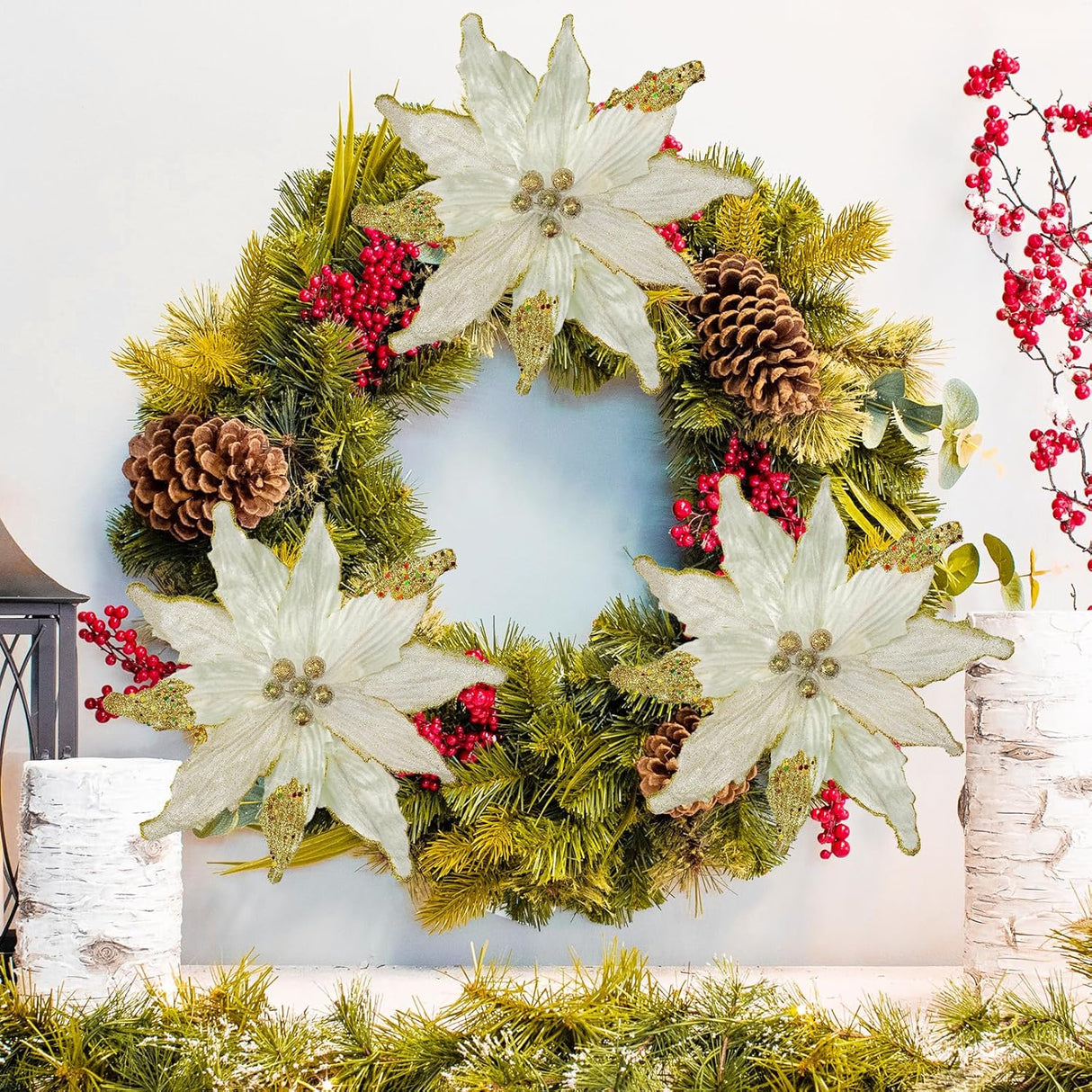 Flores Poinsettia Artificial Briful 12'' Set de 4 para Decorar