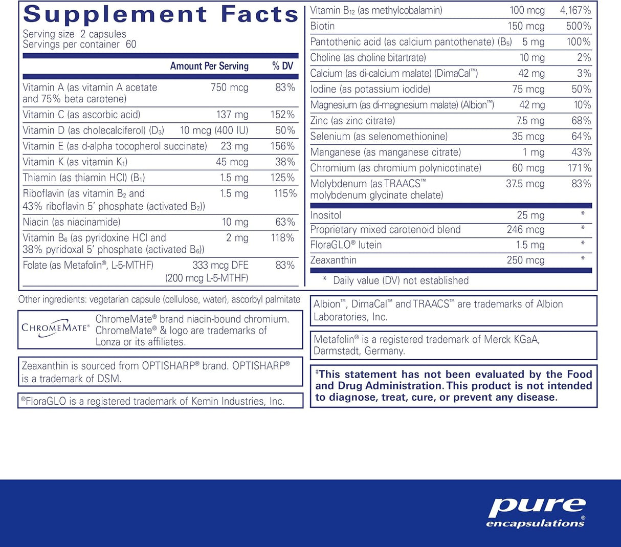 Suplemento Pure Encapsulations multivitamínico sin hierro