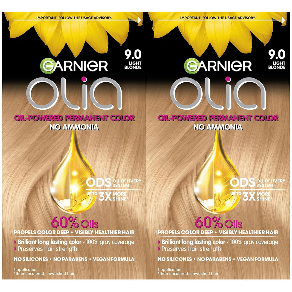 Garnier Olia Tinte permanente para el cabello, sin amoníaco, color brillante, rico en aceite, 9.0 rubio claro, 2 unidades (el embalaje puede variar)