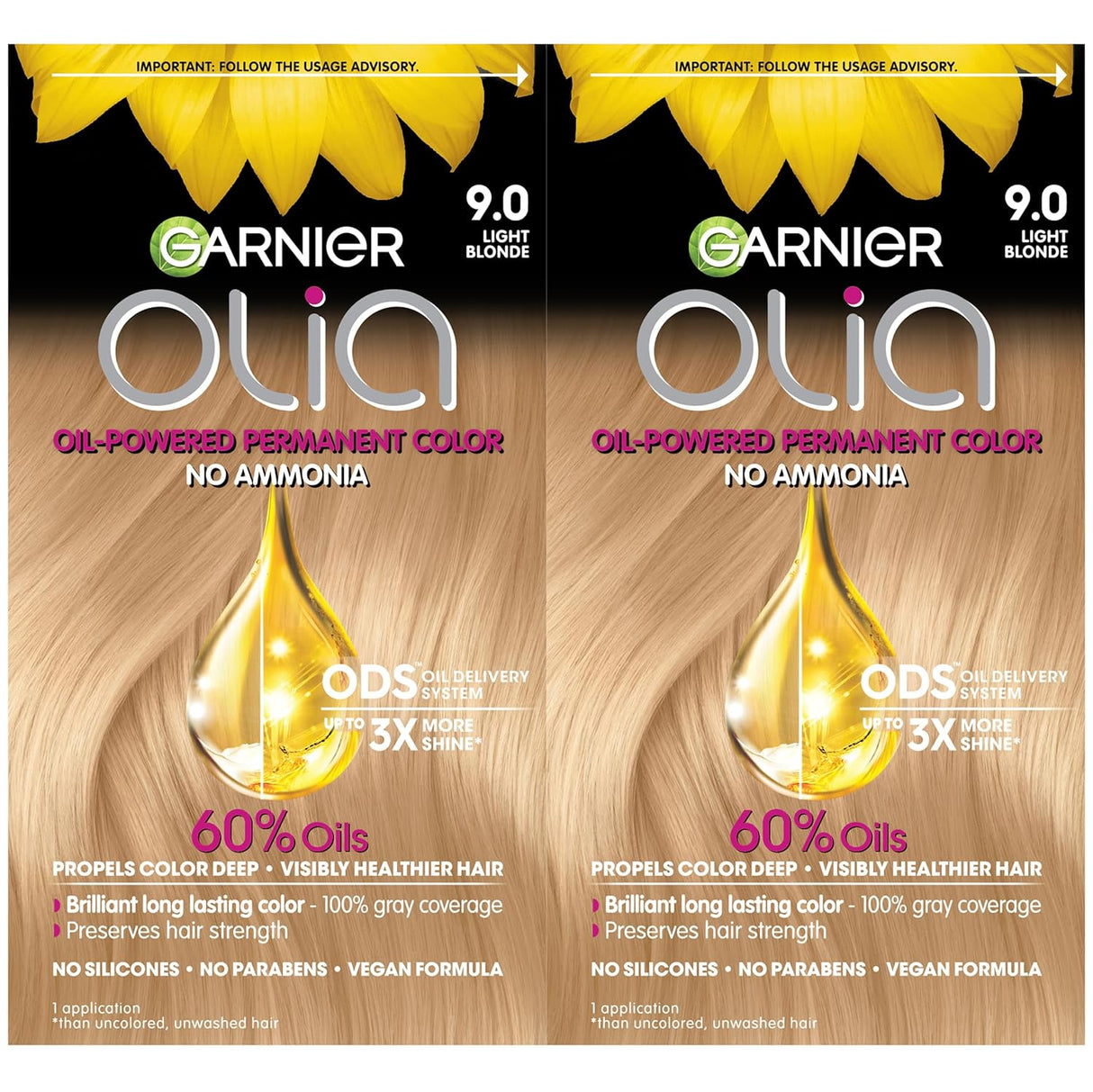 Garnier Olia Tinte permanente para el cabello, sin amoníaco, color brillante, rico en aceite, 9.0 rubio claro, 2 unidades (el embalaje puede variar)