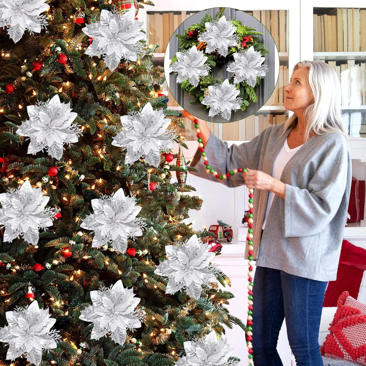 Flores Artificiales Poinsettia, Decoración Navideña, 15 Pcs