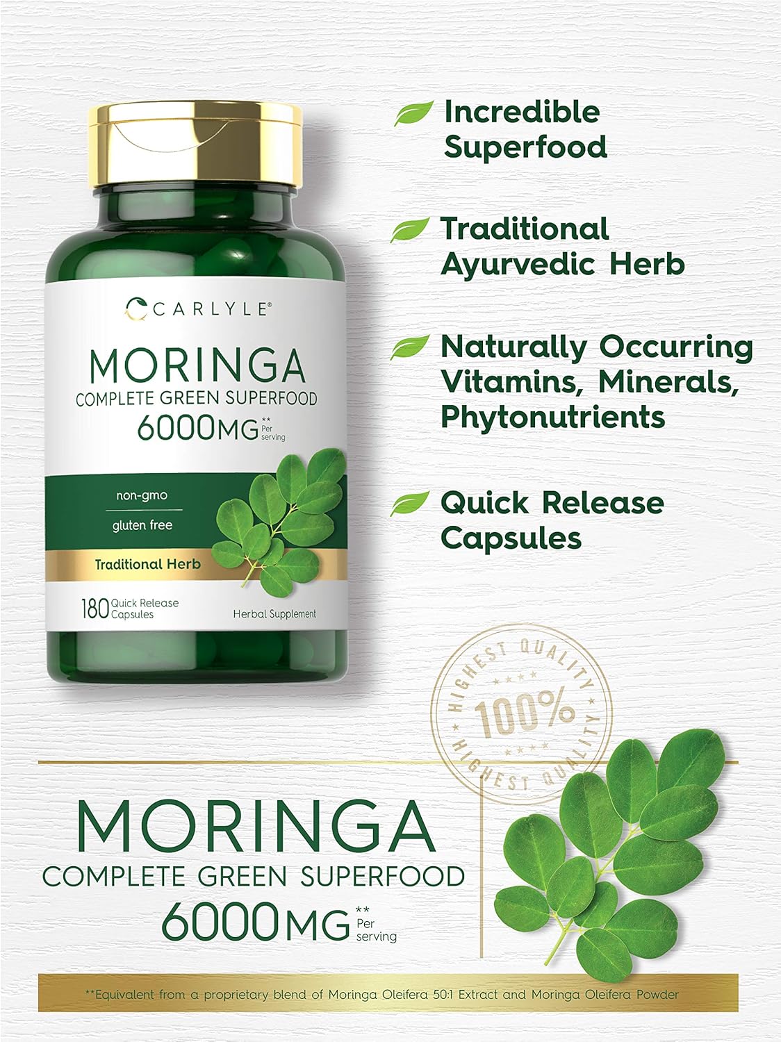 Carlyle Moringa Oleifera 180 Cápsulas Superalimento Verde