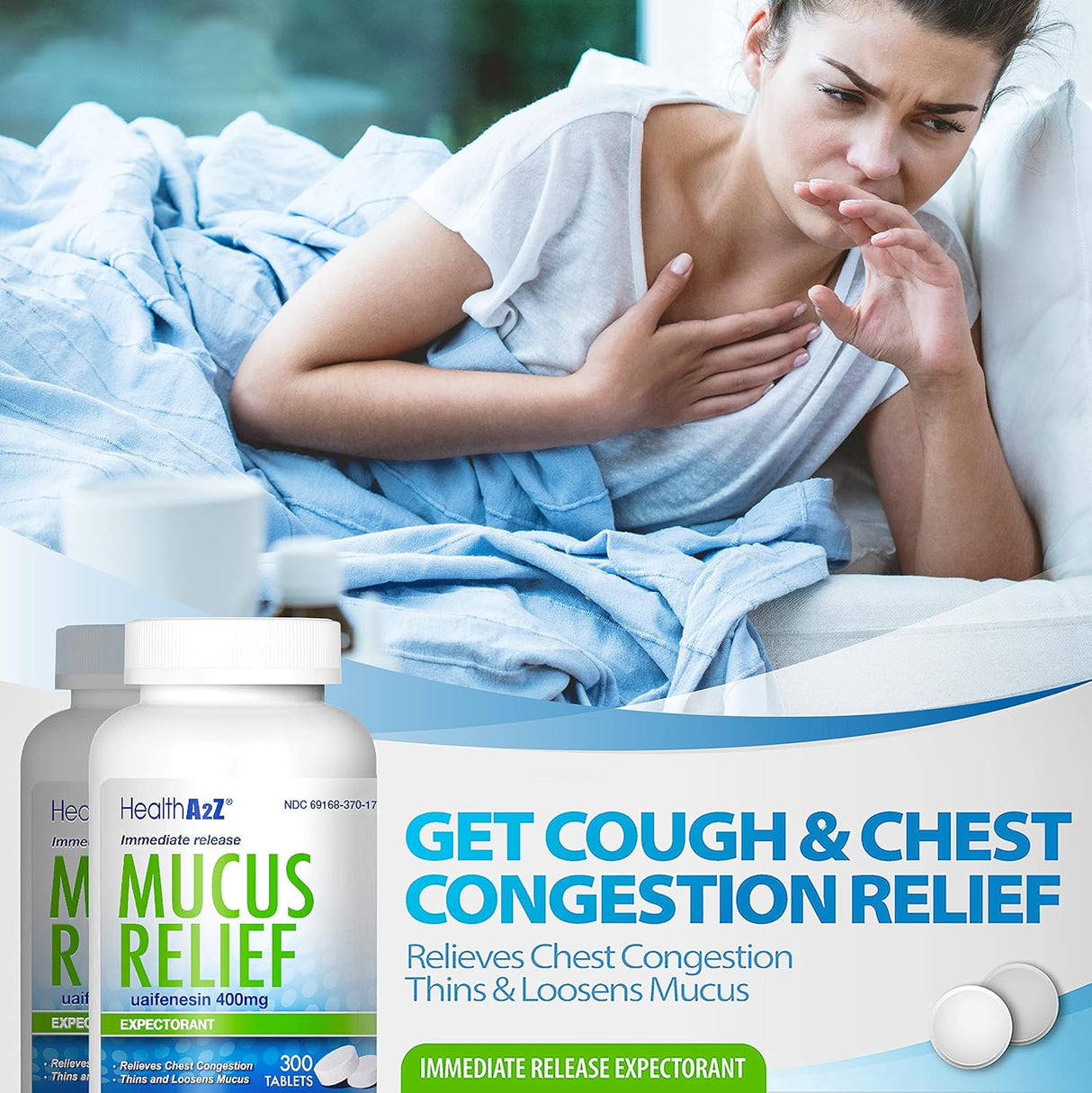 Mucus Relief HealthA2Z® Guaifenesin 400mg 300 cápsulas