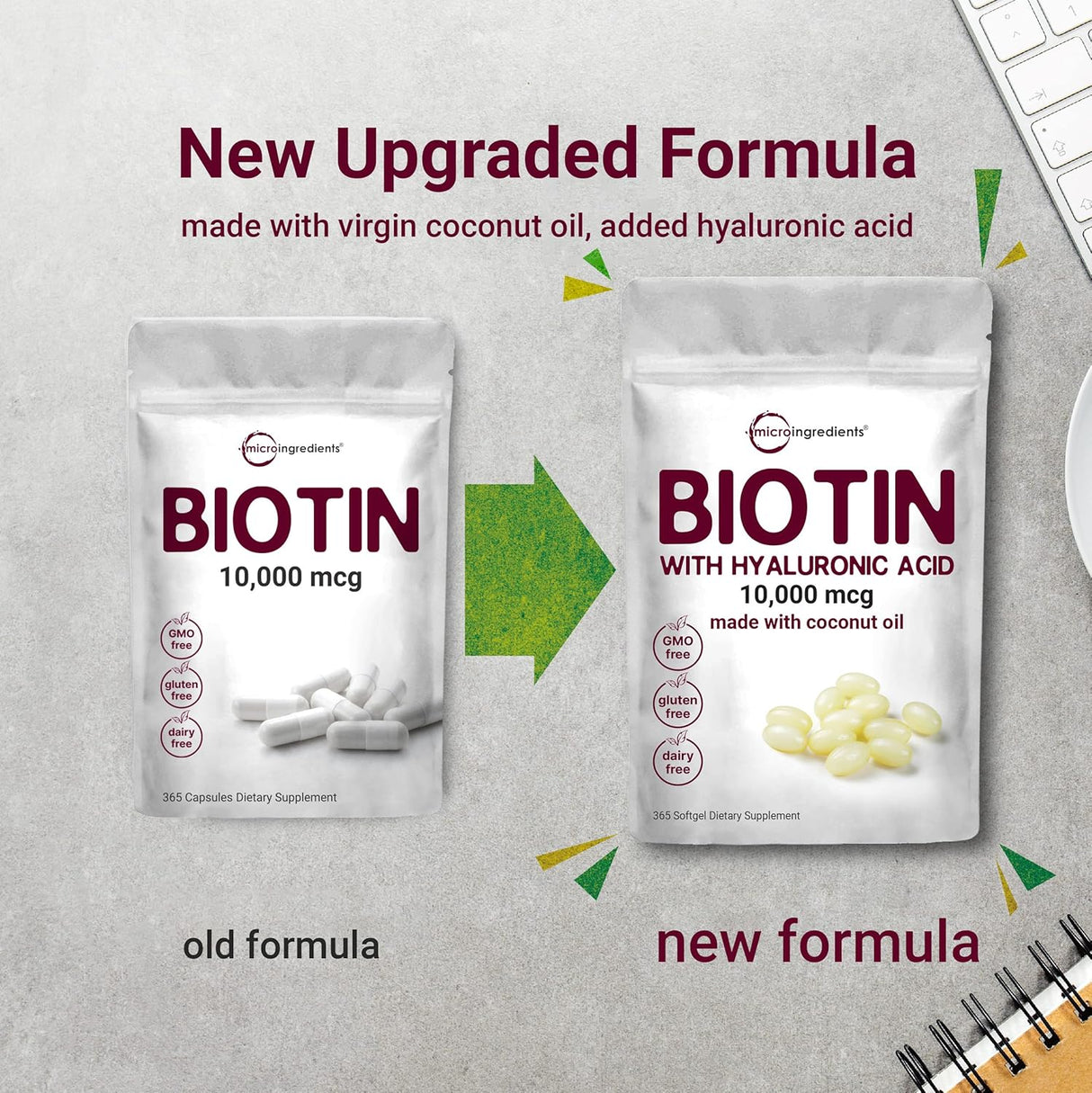 Suplemento Biotin 10,000mcg con ácido hialurónico 25mg 365u