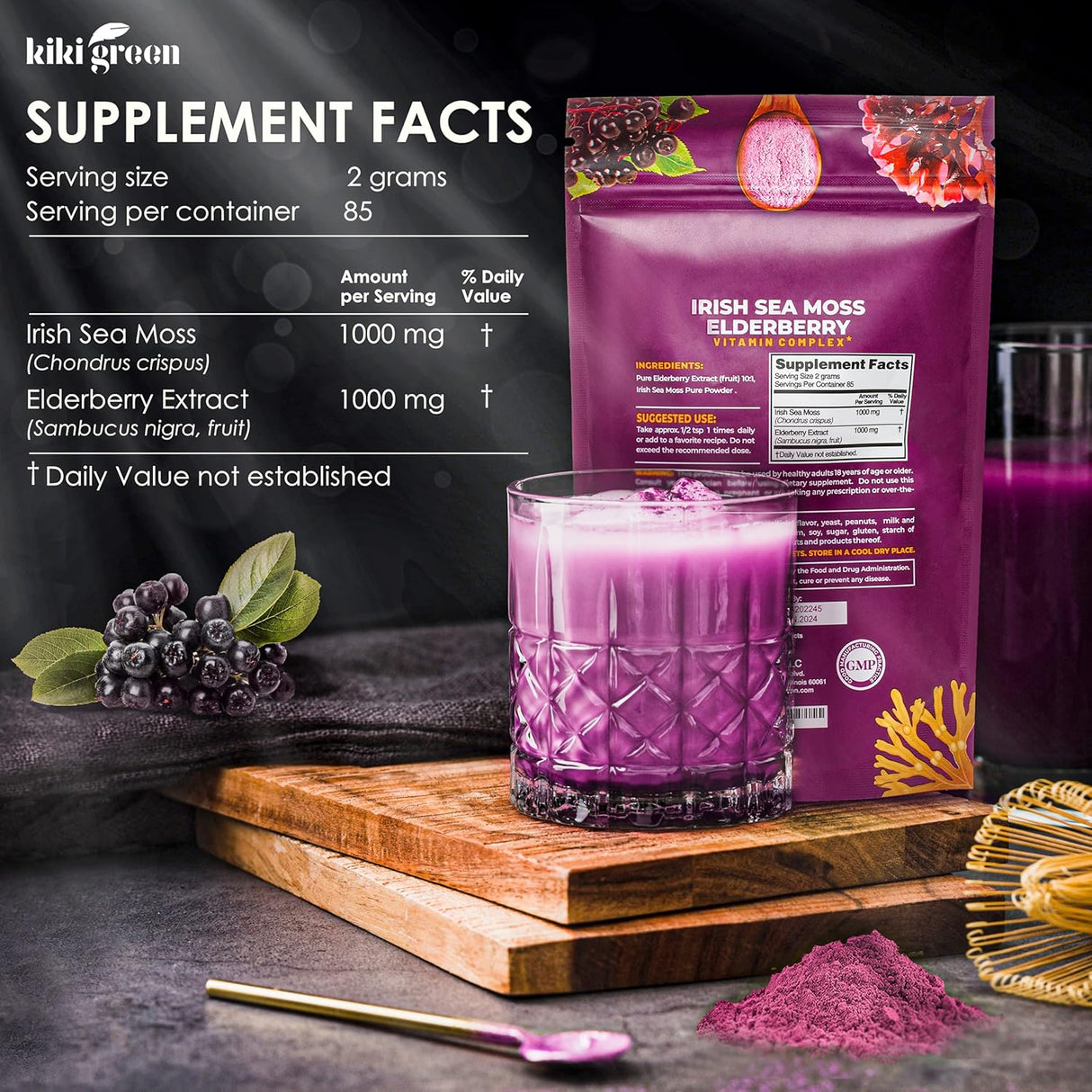 KIKI Green Sea Moss Powder con Elderberry - Suplemento Vegano 6 oz