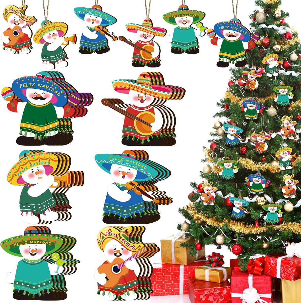 Adornos de Madera Mexicanos, Feliz Navidad, 24 Piezas, 6 Estilos