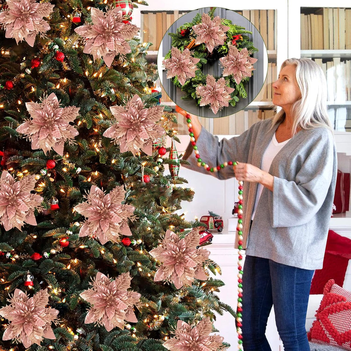 15 Piezas Flores Poinsettia Artificiales con Clips y Tallos