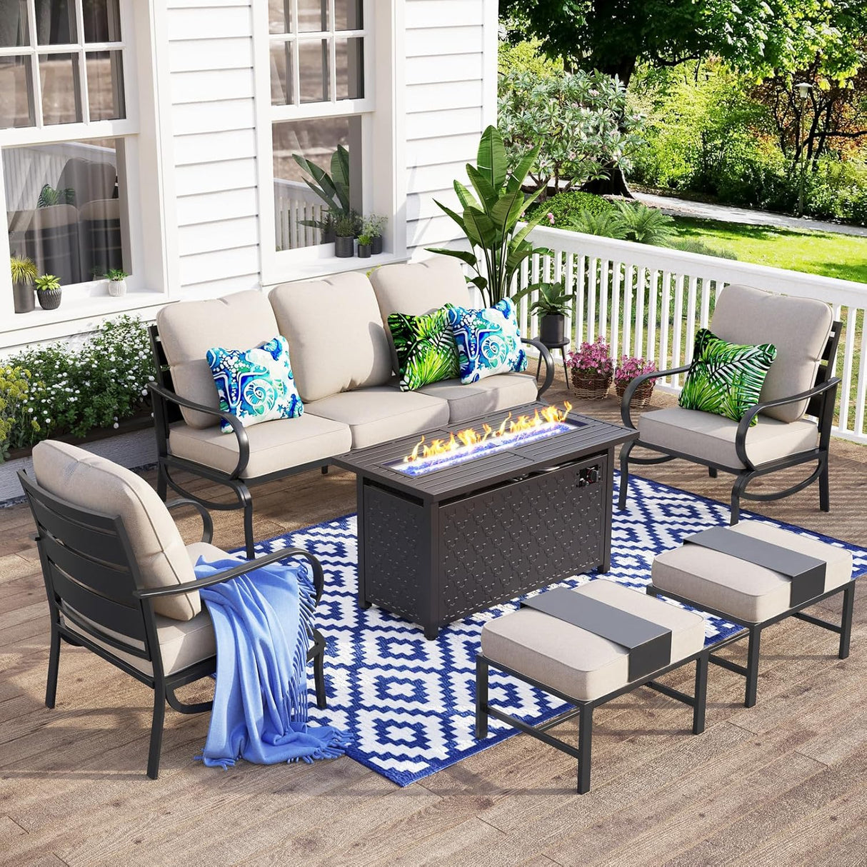 MFSTUDIO Juego de muebles de patio de 6 piezas con mesa de fogata de gas de 45 pulgadas (hasta 7 asientos), sofás de conversación de metal para exteriores con 1 sofá de 3 asientos, 2 sofás sillas y 2 otomanas