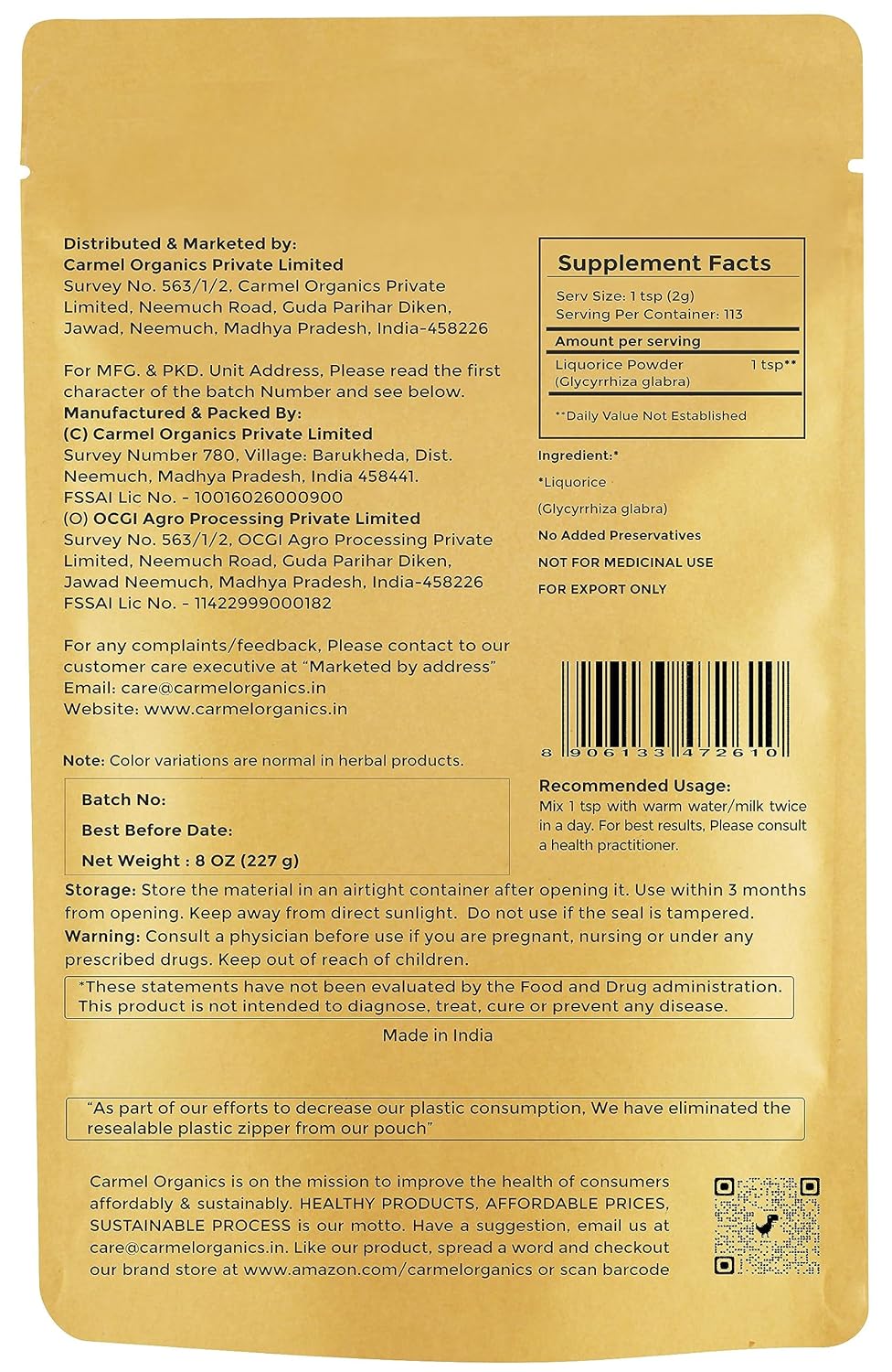 CARMEL ORGANICS Polvo de Regaliz - Suplemento Natural 8 oz