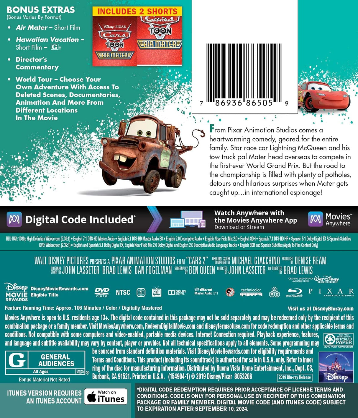 Pelicula Cars 2 Blu-Ray