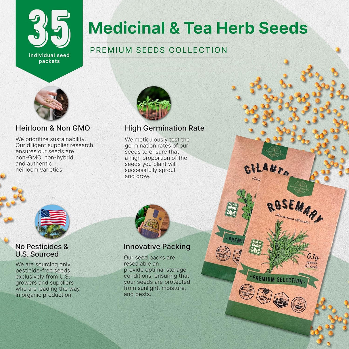 Pack de 35 Semillas de Hierbas Medicinales y Té - No GMO