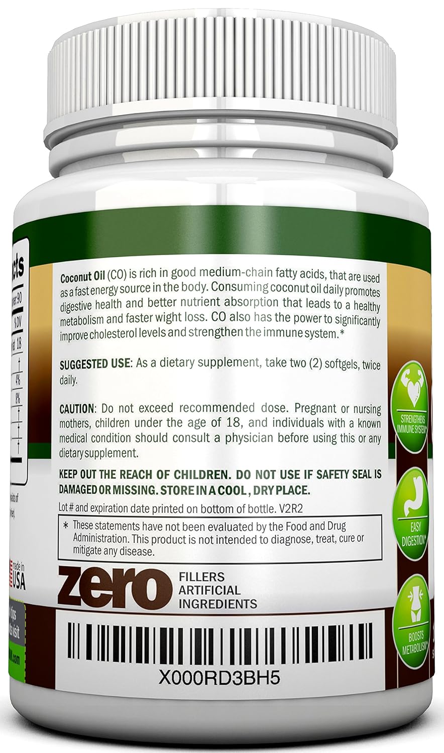 Aceite de Coco Orgánico Cápsulas - 180 Softgels, 4000 MG