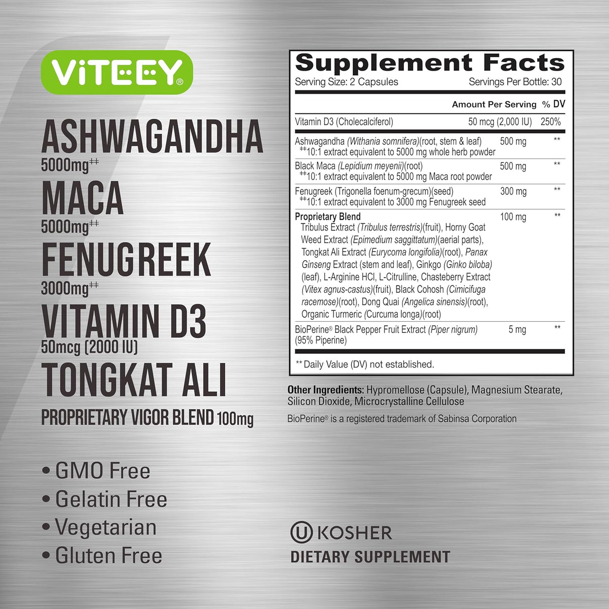 Viteey Ashwagandha 5000mg, Maca, Fenugreek, D3, Tongkat 60 cápsulas
