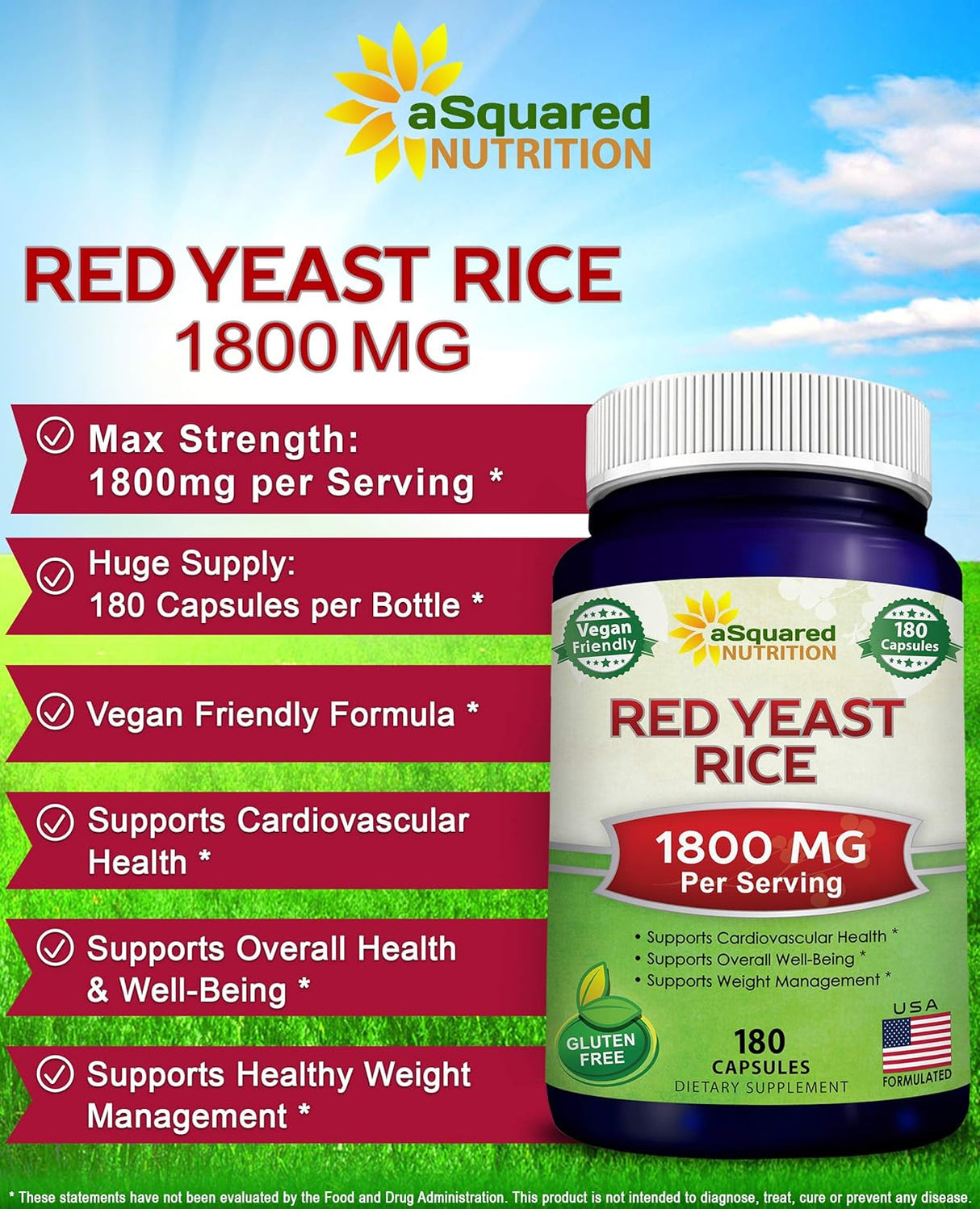 Suplemento Nutrition Arroz de levadura roja, 1800 mg 180 cáp