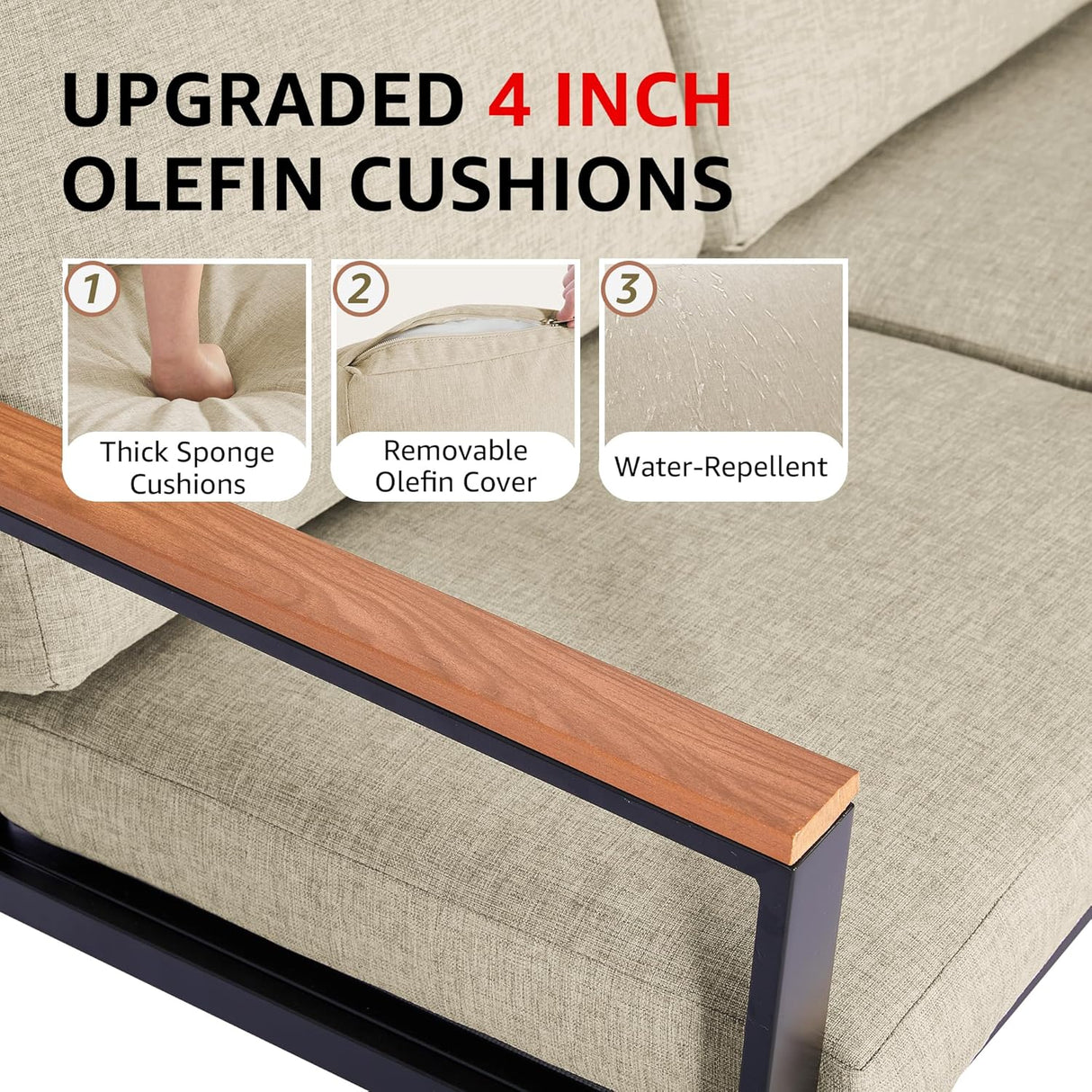 NATURAL EXPRESSIONS Juego de muebles de patio de 4 piezas, muebles de metal para exteriores, muebles seccionales al aire libre, juego de conversación de patio con pasamanos de madera, malla de cabestrillo, cojines de olefina de textura gruesa