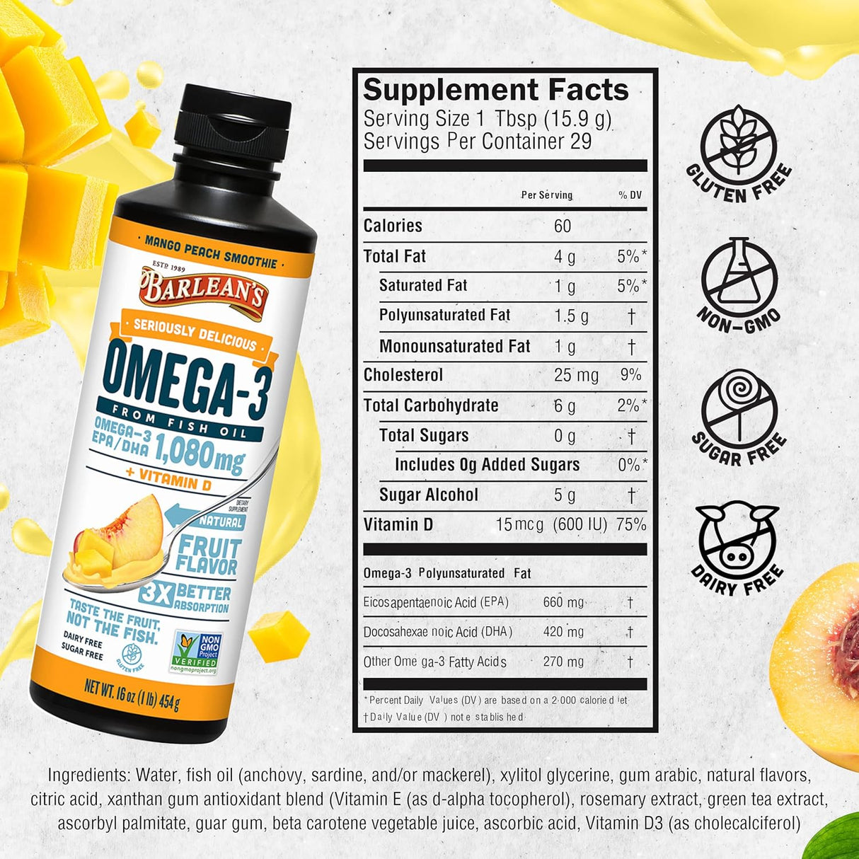 Suplemento de Omega 3, Barlean's, 1080mg EPA/DHA, 16 oz