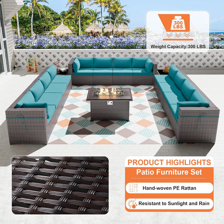 ALAULM Juego de 15 muebles de patio al aire libre con mesa para fogata de propano, juegos de sofás seccionales para exteriores, muebles de patio, fogata de gas de 43 pulgadas, juego de conversación de ratán de polietileno marrón con 12 cojines (azul)