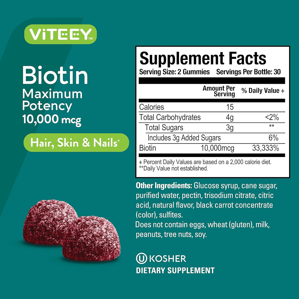 Gomitas de Biotina 10,000 mcg - Vitamina B7, Pectina, Vegano