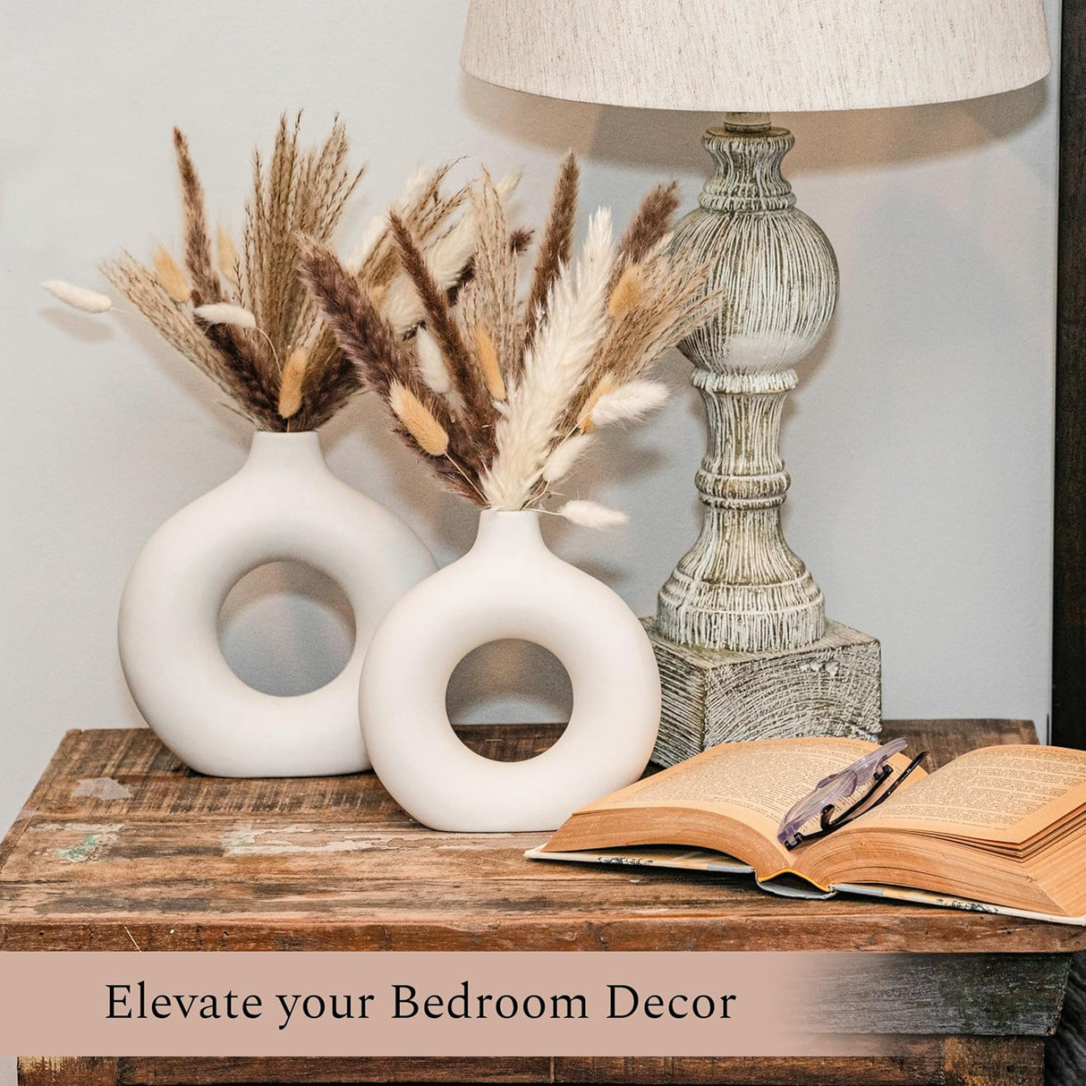 Juego de 3 Jarrones de Cerámica VELOVA con Pampas Secas