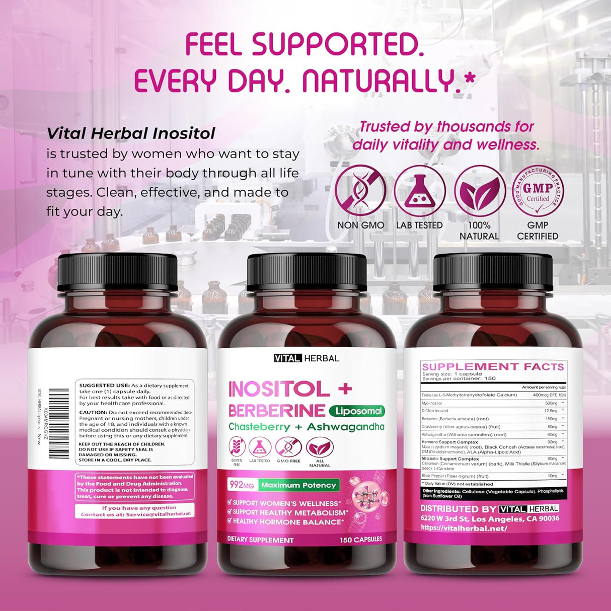 VITAL HERBAL Inositol Liposomal con Berberina, Chasteberry, Ashwagandha – 150 Cápsulas