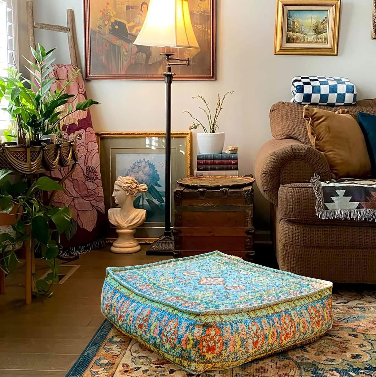 Mandala Life ART Funda de cojín de suelo con decoración bohemia verde azulado, 24 x 8 pulgadas, puf cuadrado marroquí, otomano de algodón estampado