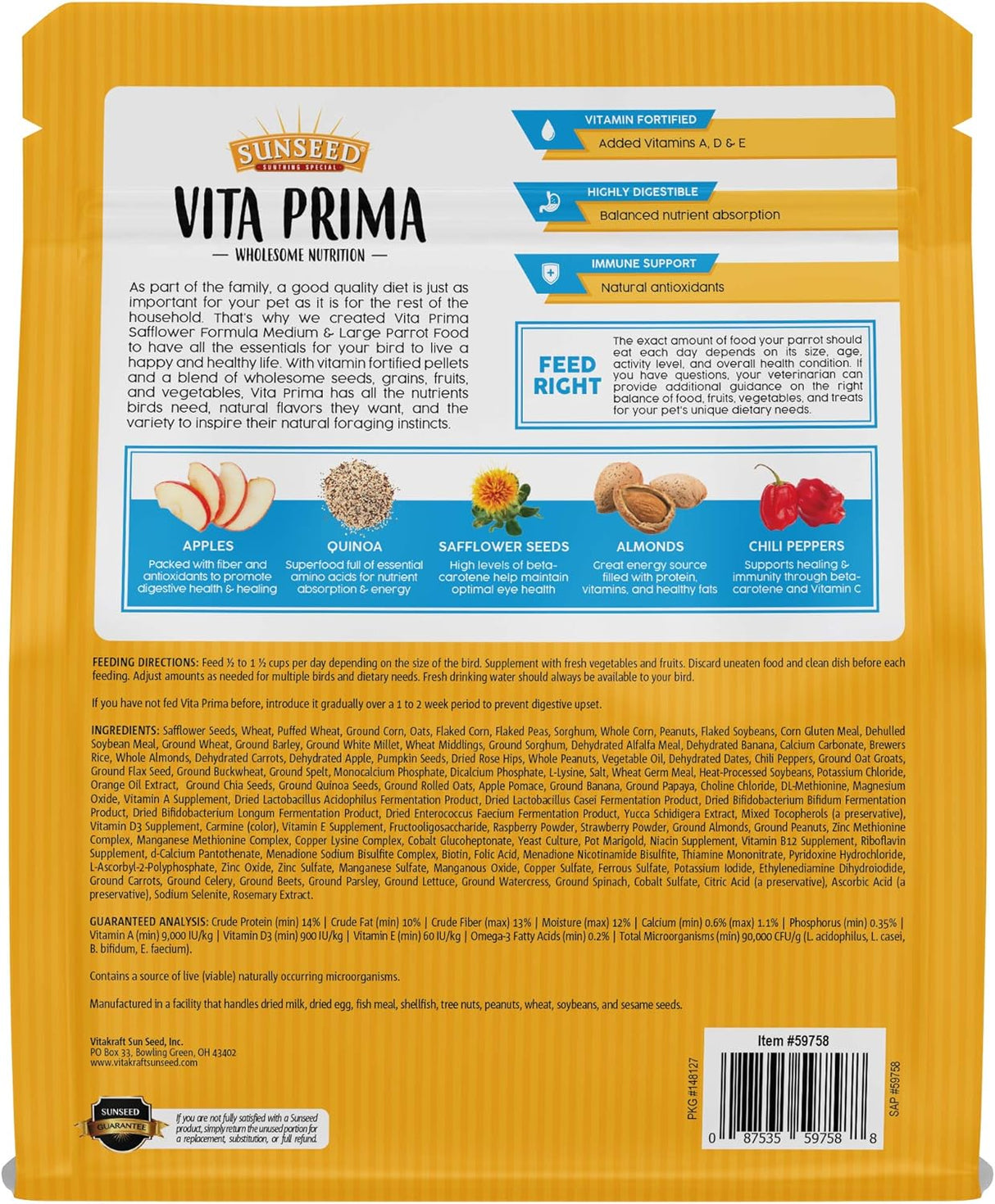 Sunseed Vita Prima NutriciónAlimento para loros grandes,4Lbs